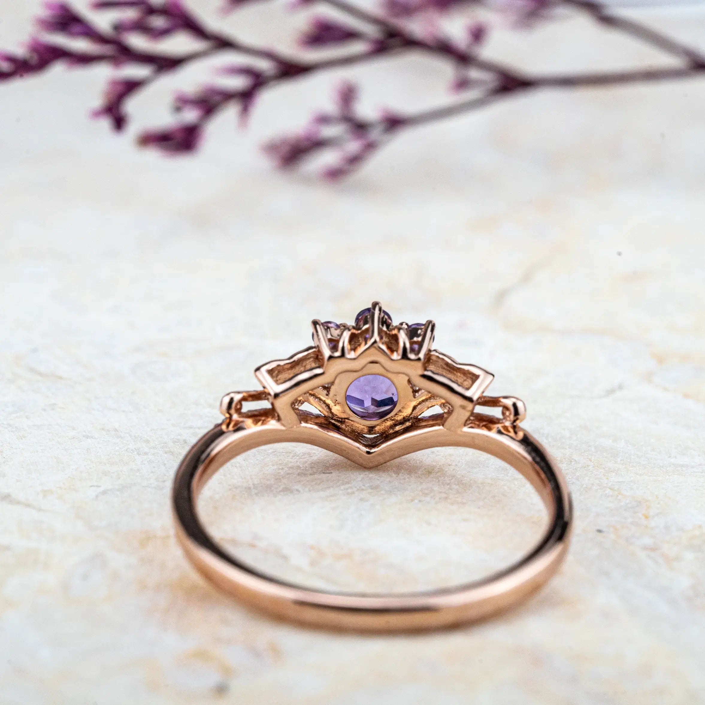 Bloom - Round Amethyst Ring Vintage Leaf Engagement Rings