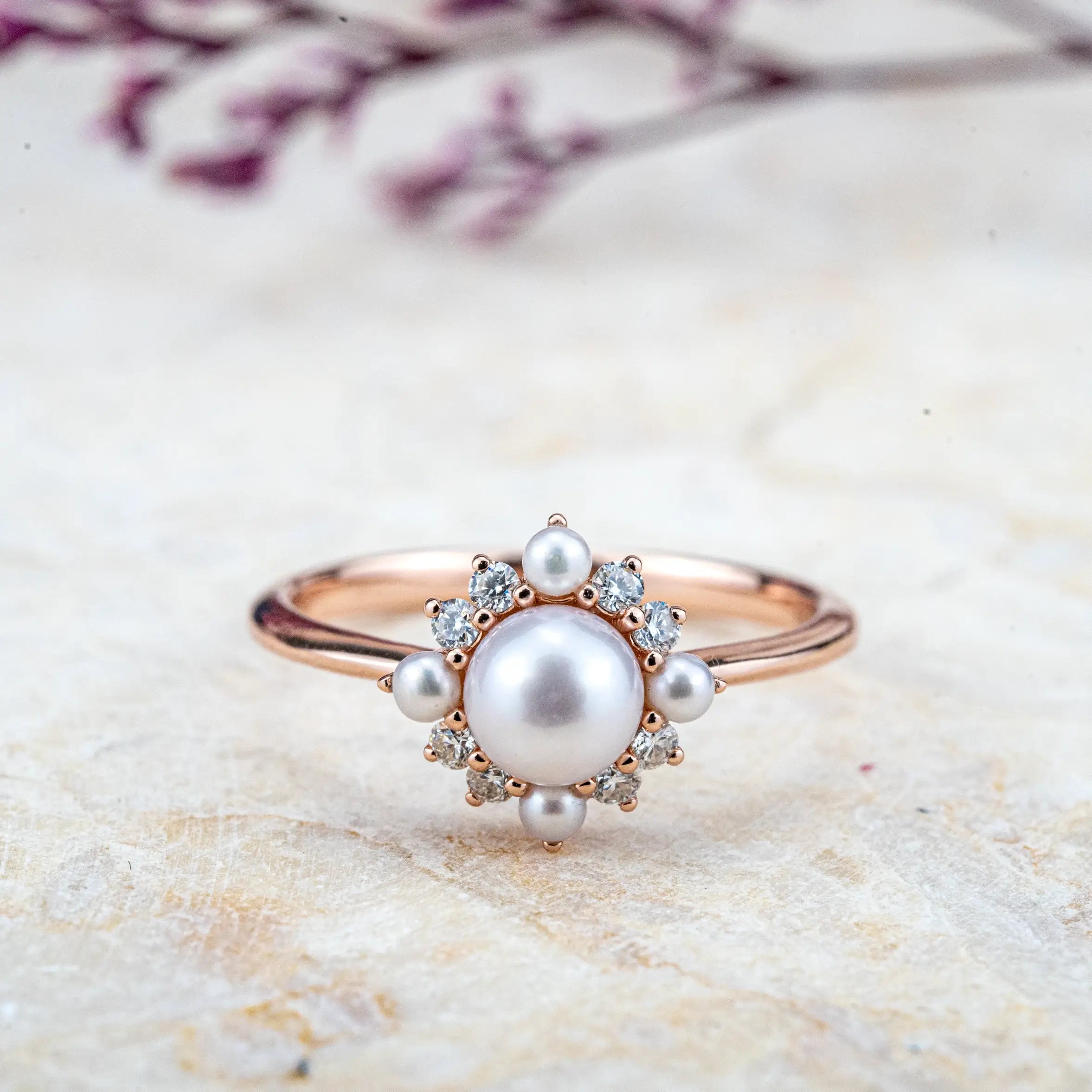 Elara - Akoya 5mm Pearl Rings Flower Ring Custom Gold Jewelry promise ring