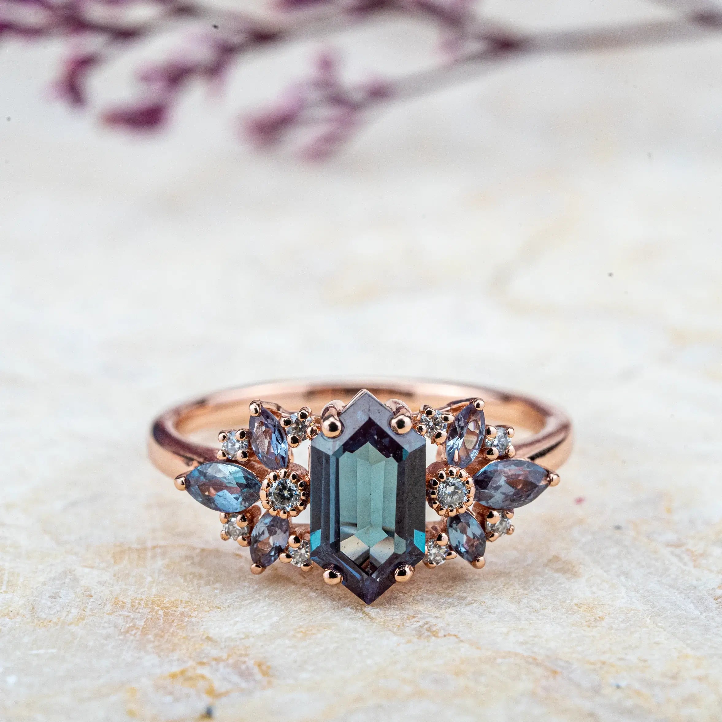 Aurelia - Custom Long Hexagon Cut Lab Alexandrite Ring wedding ring