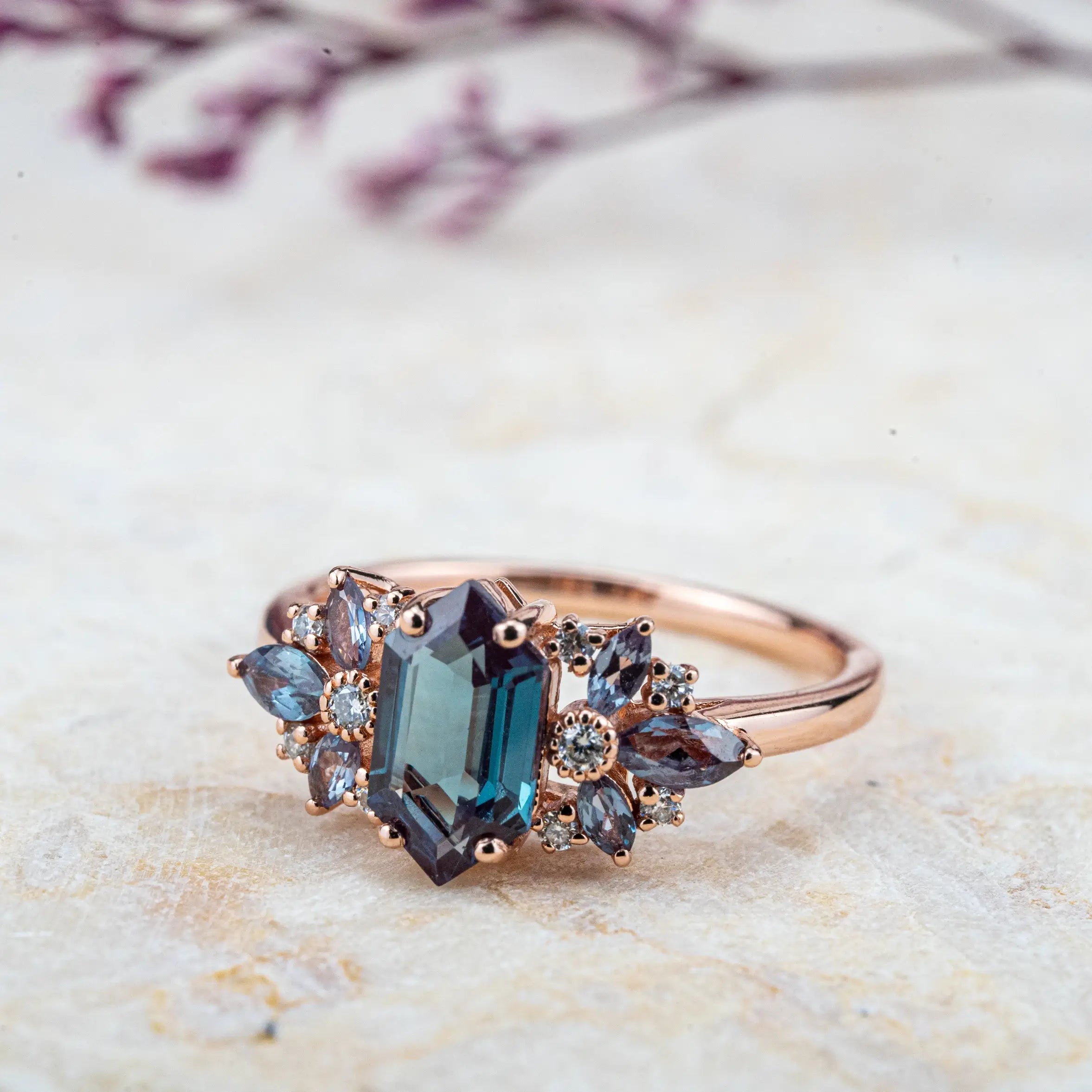 Aurelia - Custom Long Hexagon Cut Lab Alexandrite Ring halo ring