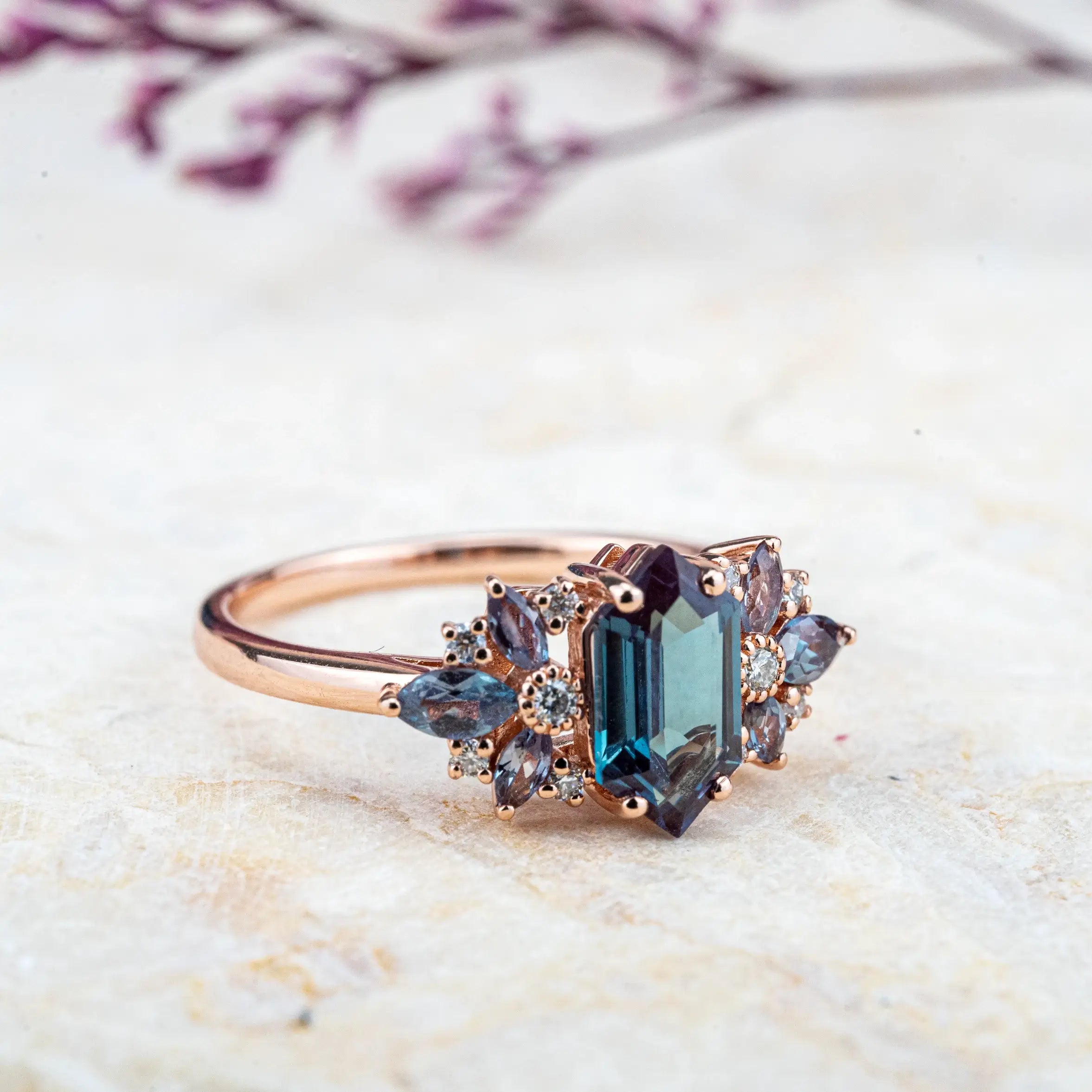 Aurelia - Custom Long Hexagon Cut Lab Alexandrite Ring aurumluminos brand jewelry