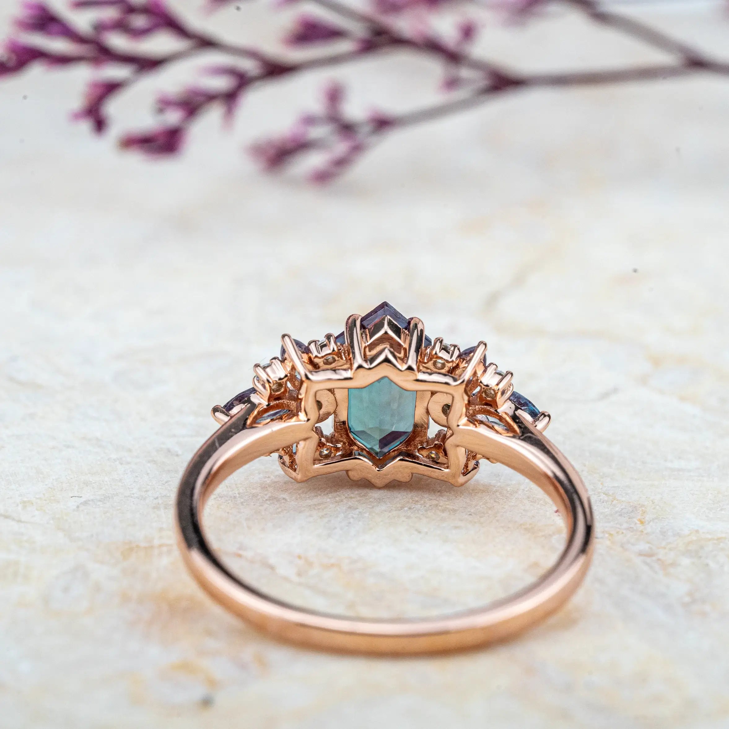 Aurelia - Custom Long Hexagon Cut Lab Alexandrite Ring handmade goldring