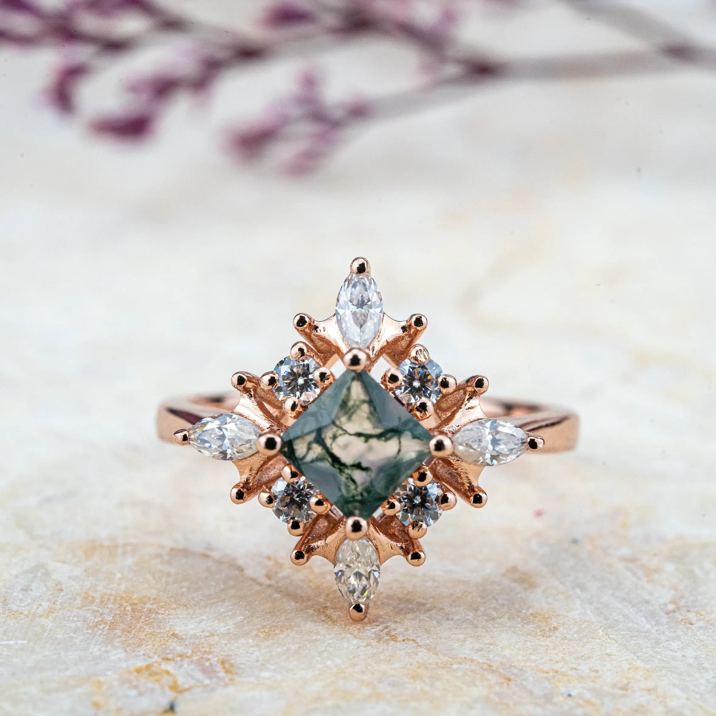 Cora - Princess Cut Moss Agate Ring Art Anniversary Rings custom gold engagement ring for ladies gift