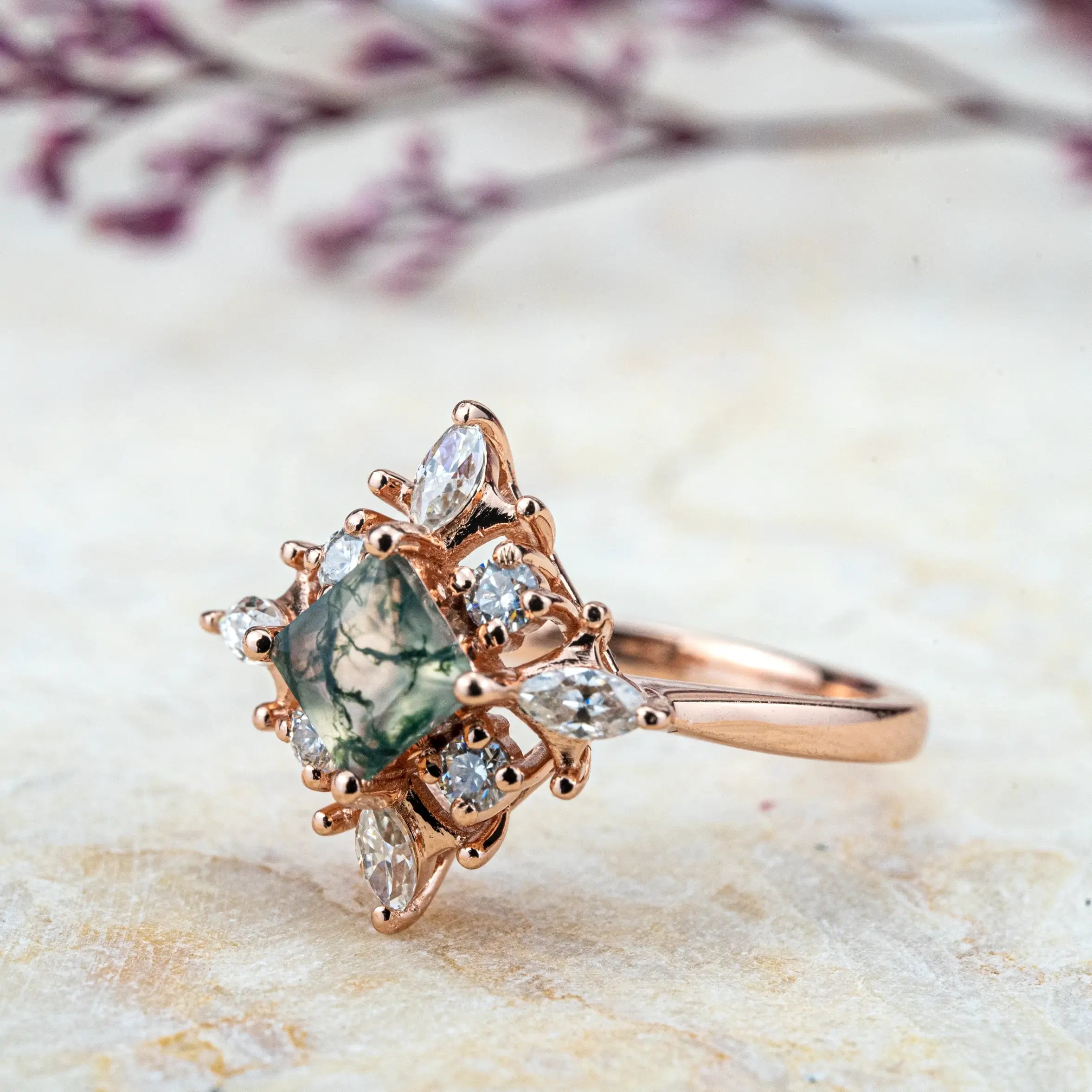 Cora - Princess Cut Moss Agate Ring Art Anniversary Rings custom gold engagement ring for ladies gift