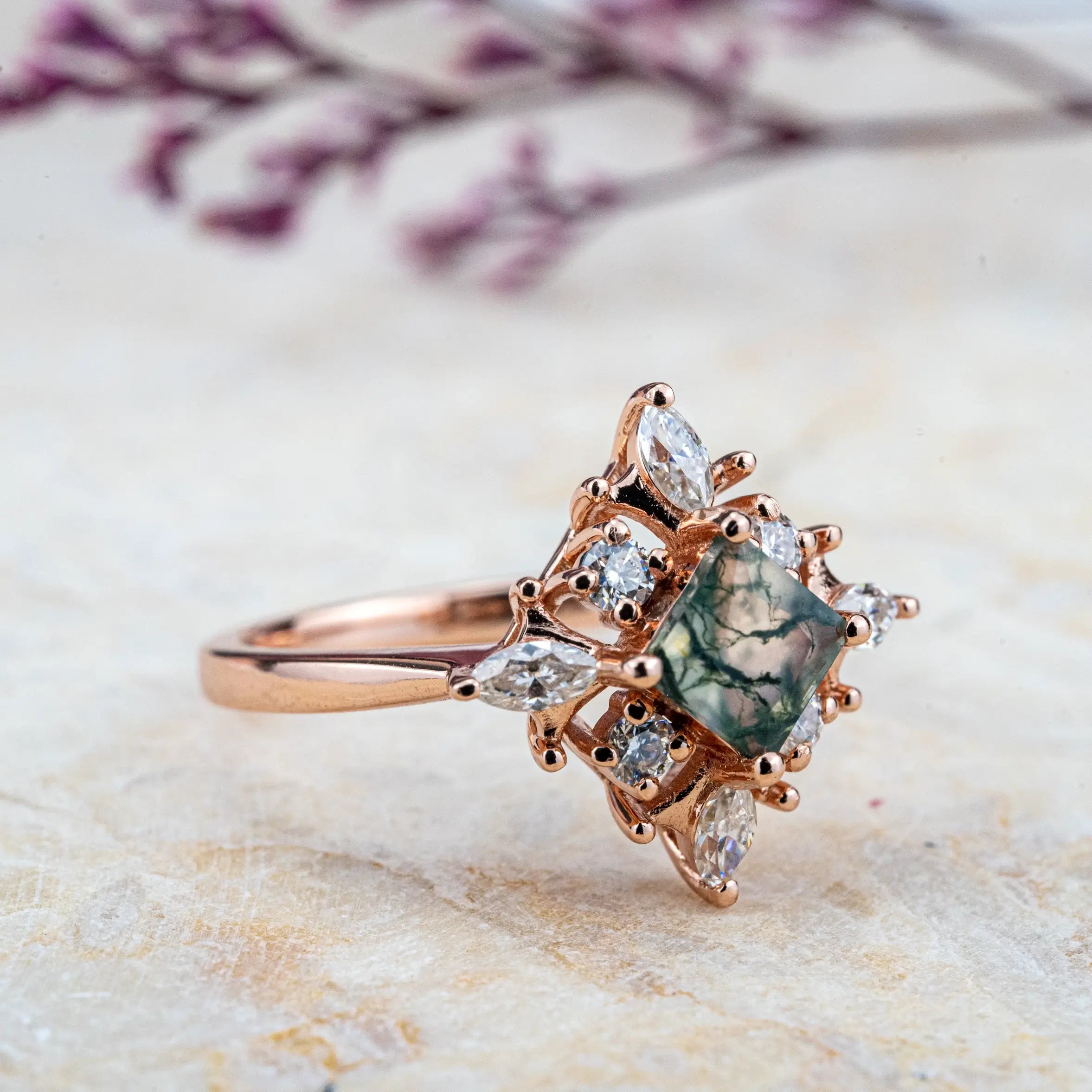 Cora - Princess Cut Moss Agate Ring Art Anniversary Rings custom gold engagement ring for ladies gift best gold ring fashion jewelry