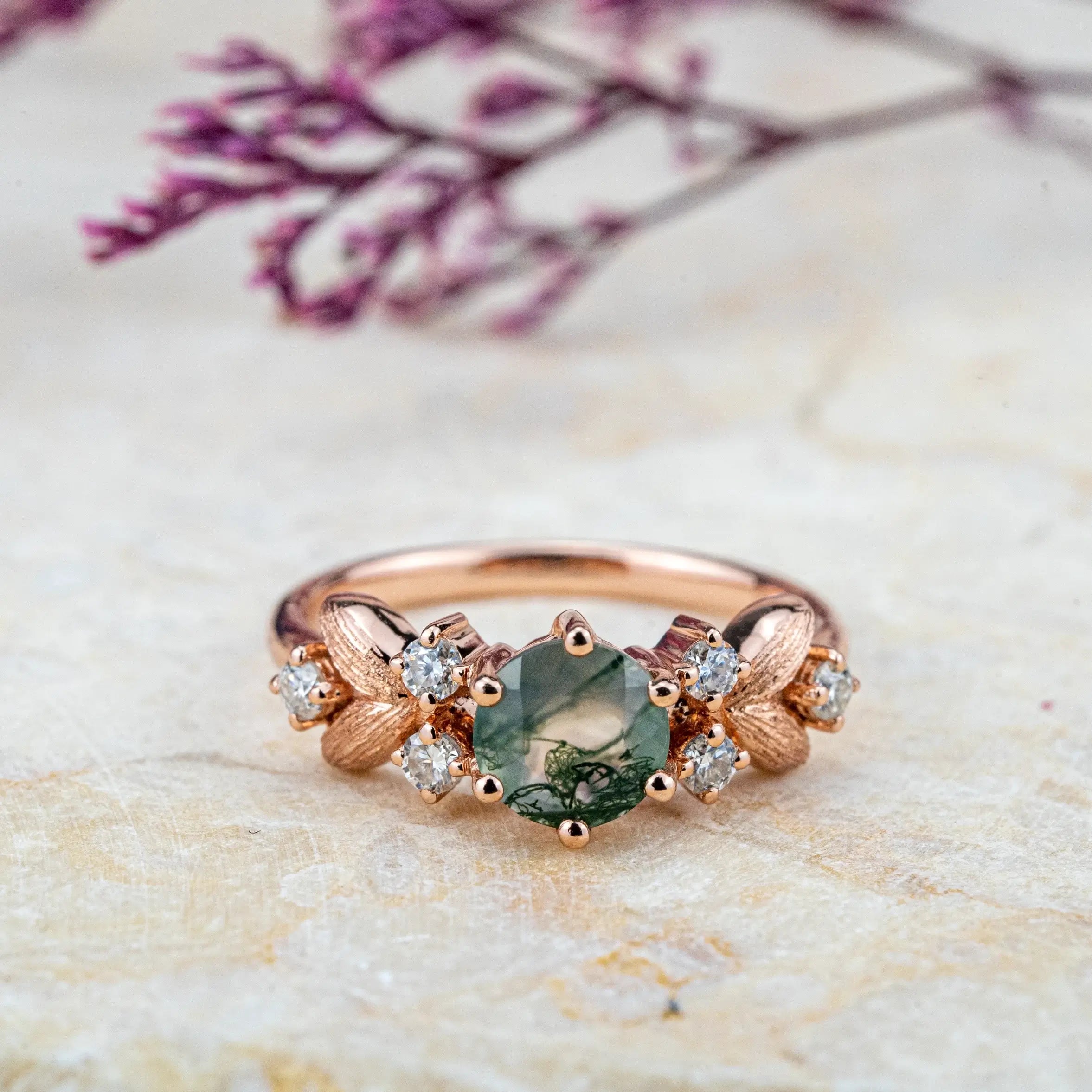 aurumluminos Art Floral Ring Round Natural Moss Agate Ring Gold best gold ring design