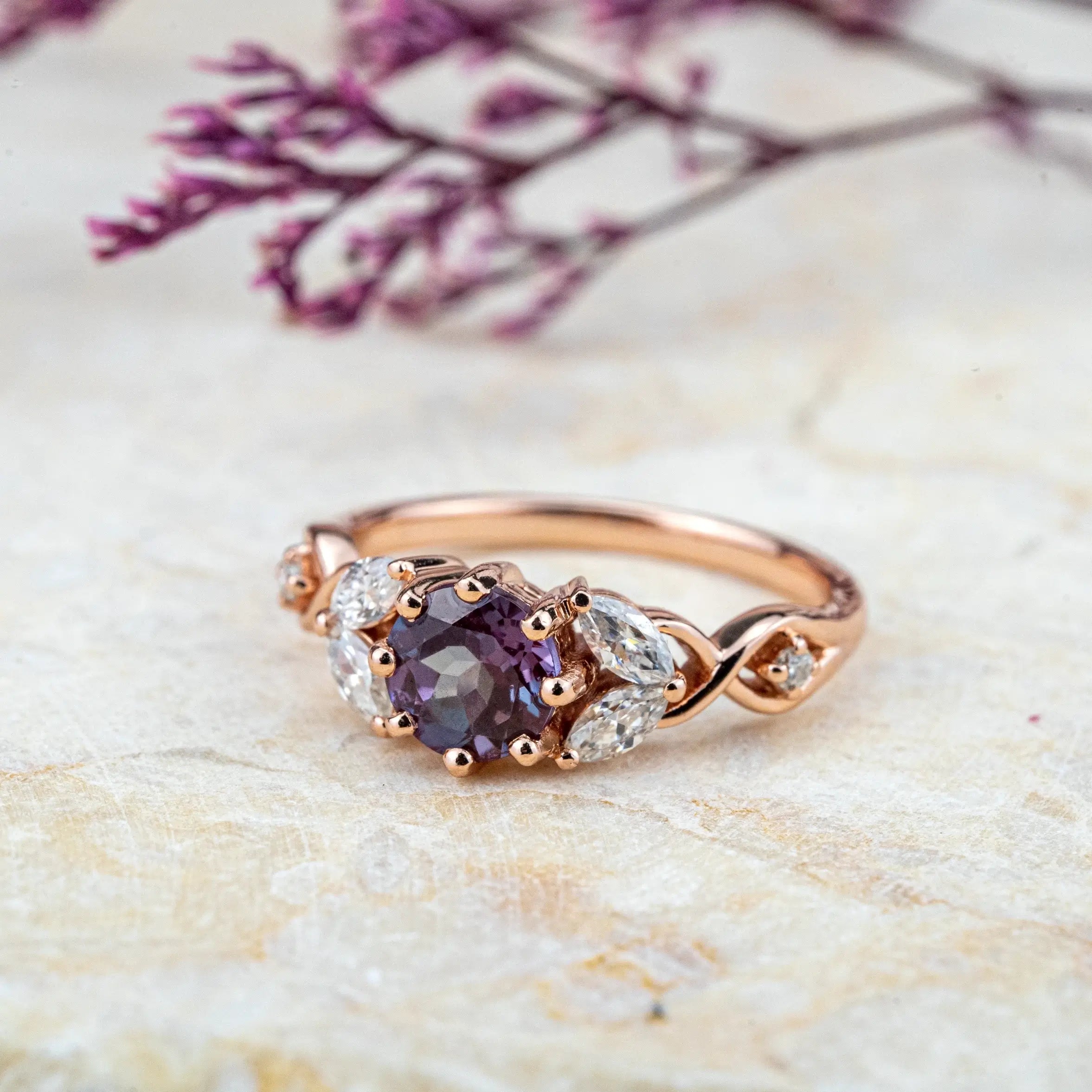 Lab Alexandrite Rings Petal Art Flora Ring Unique Design custom gold ring round cut lab gem birthstone ring for ladies engagement ring