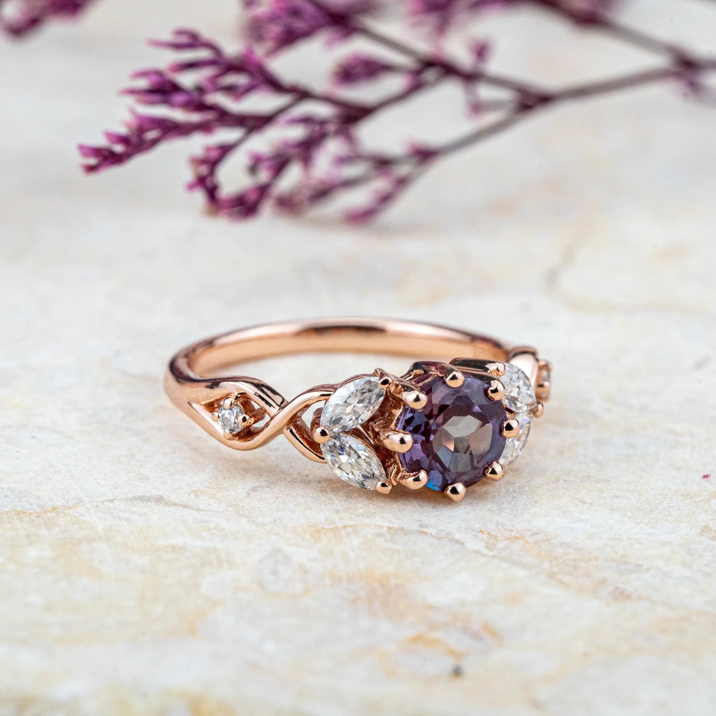 Lab Alexandrite Rings Petal Art Flora Ring Unique Design custom gold ring round cut lab gem birthstone ring for ladies engagement ring