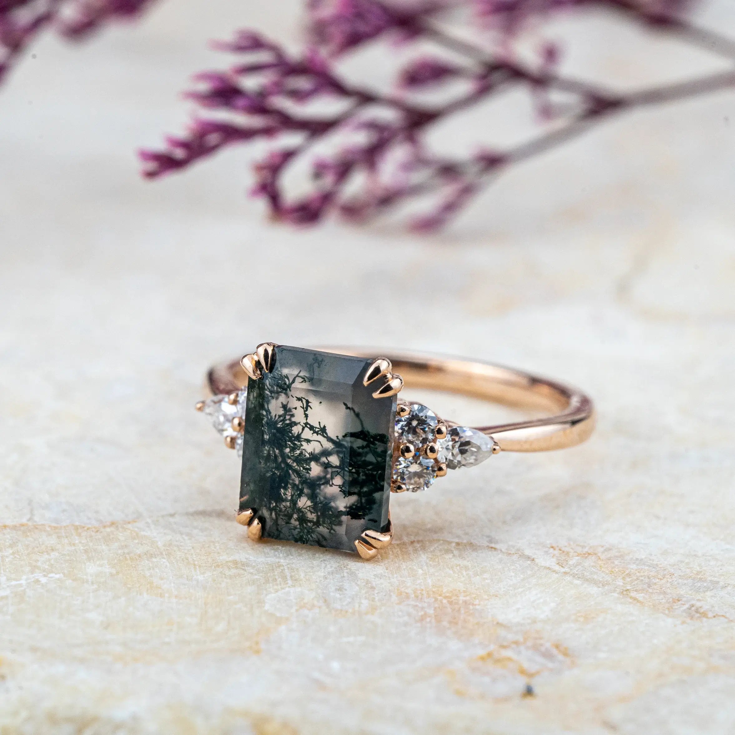 Evangeline - Emerald Cut Moss Agate Ring Cluster Ring custom engagement ring for women gift anniv ring