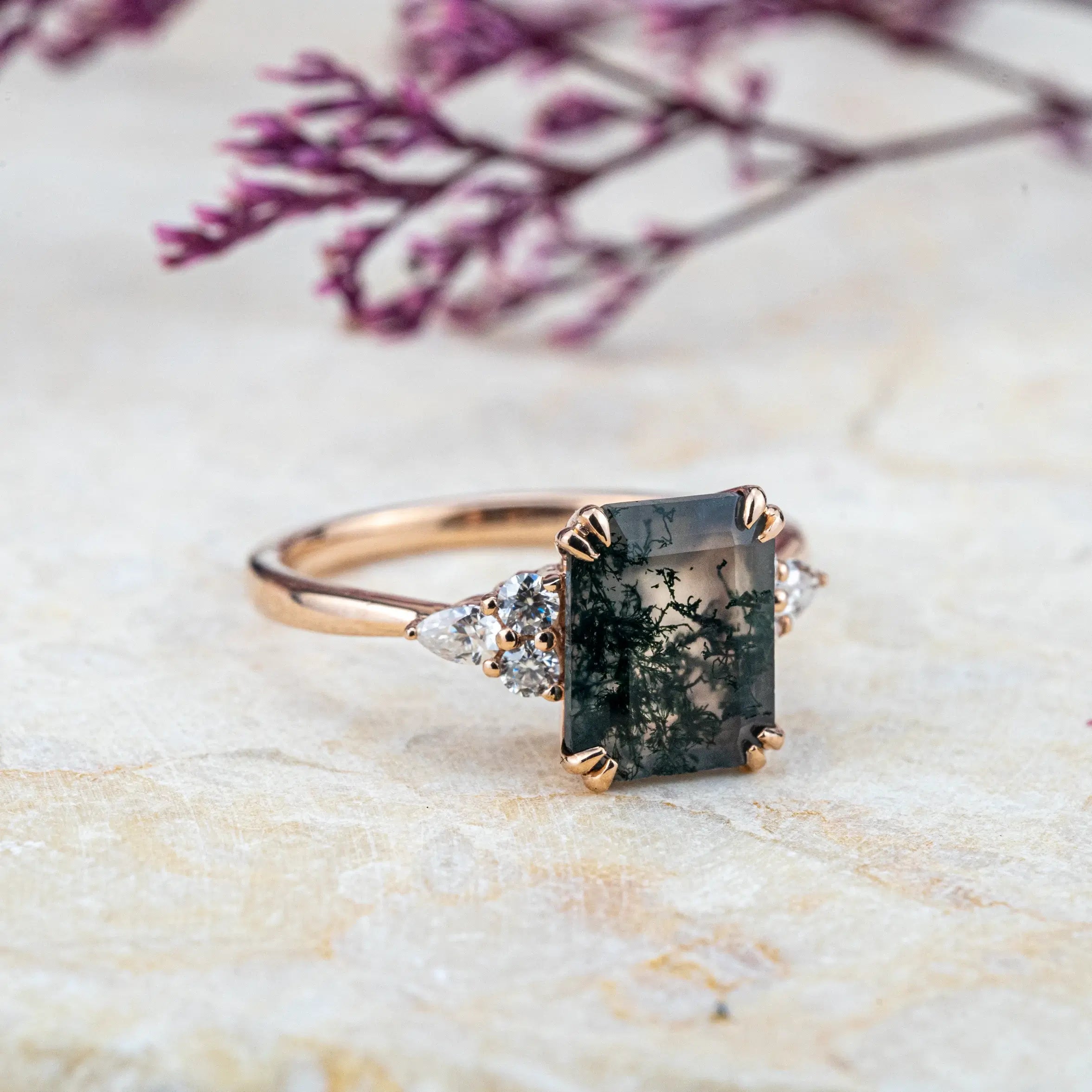 Evangeline - Emerald Cut Moss Agate Ring Cluster Ring custom engagement ring for women gift anniv ring