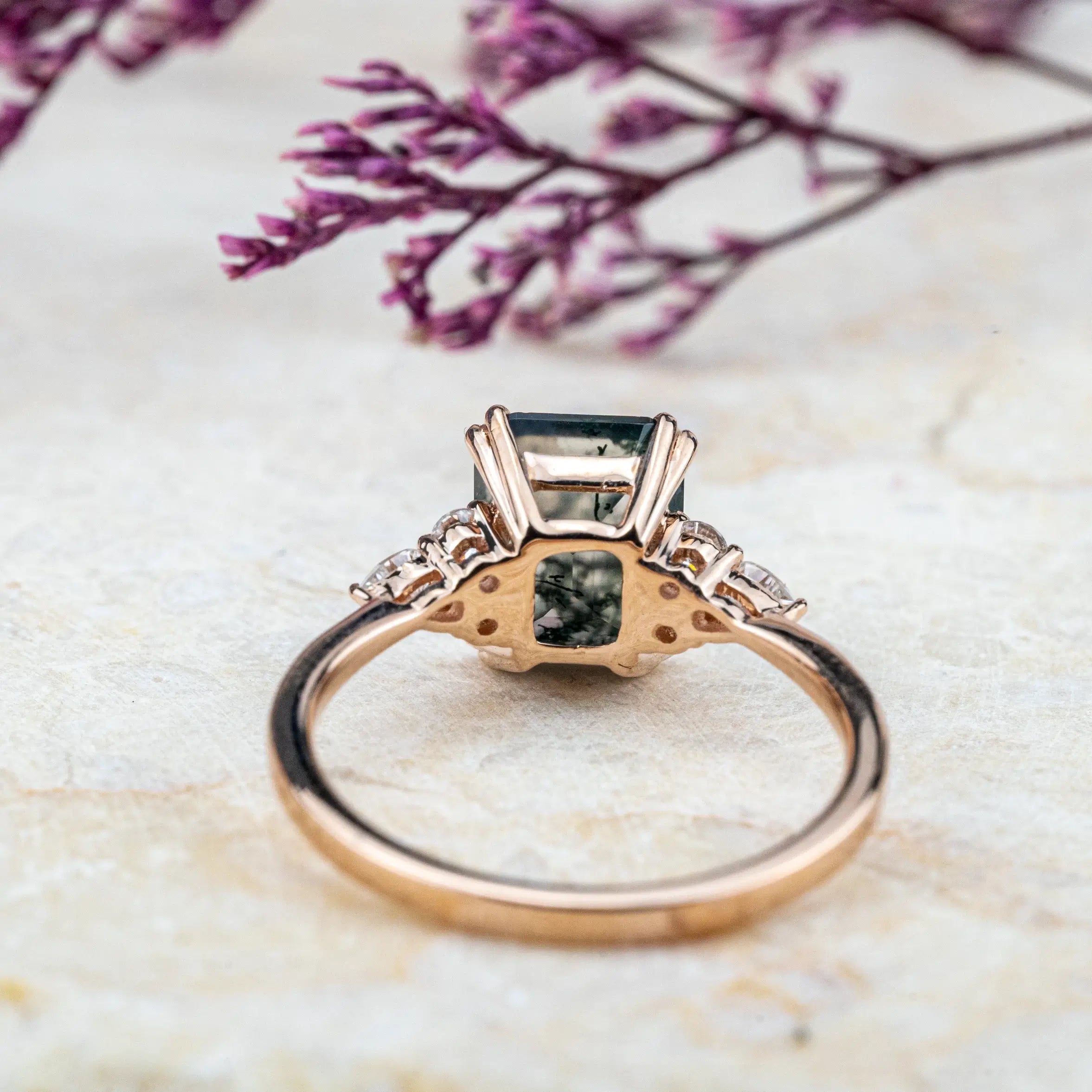 Evangeline - Emerald Cut Moss Agate Ring Cluster Ring