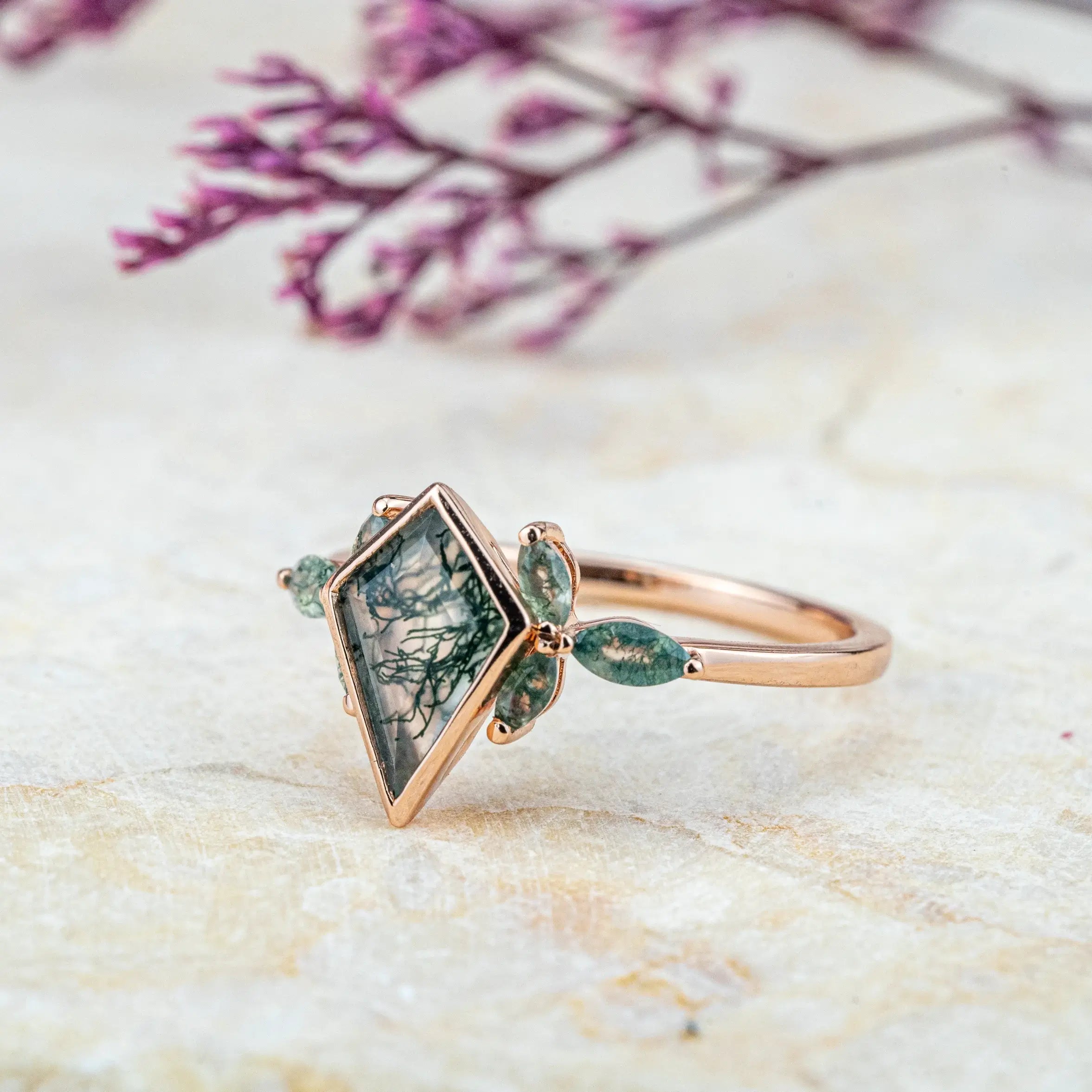Beze Set Kite Cut Moss Agate Ring Natural Inspired Design Flora Ring engagement ring for women
