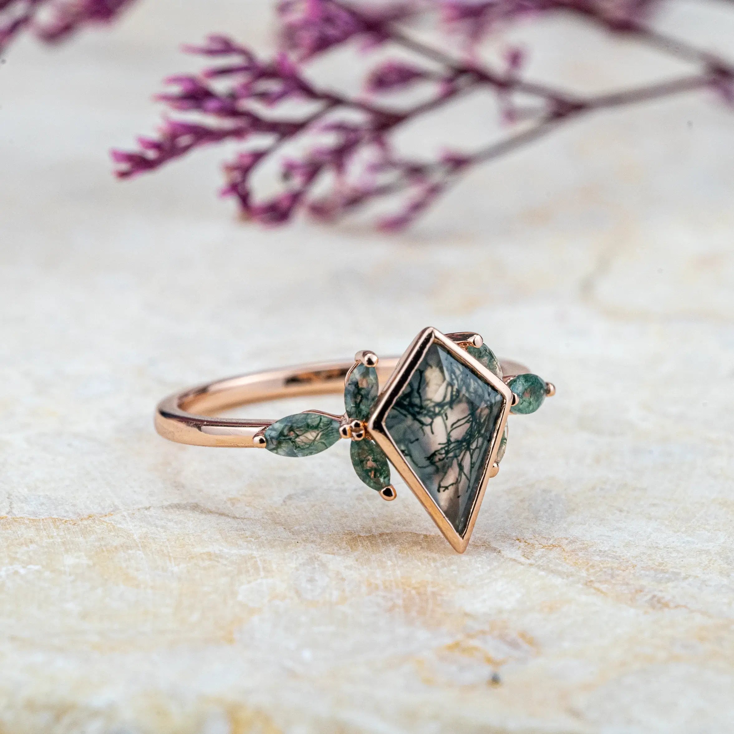 Beze Set Kite Cut Moss Agate Ring Natural Inspired Design Flora Ring engagement ring for women
