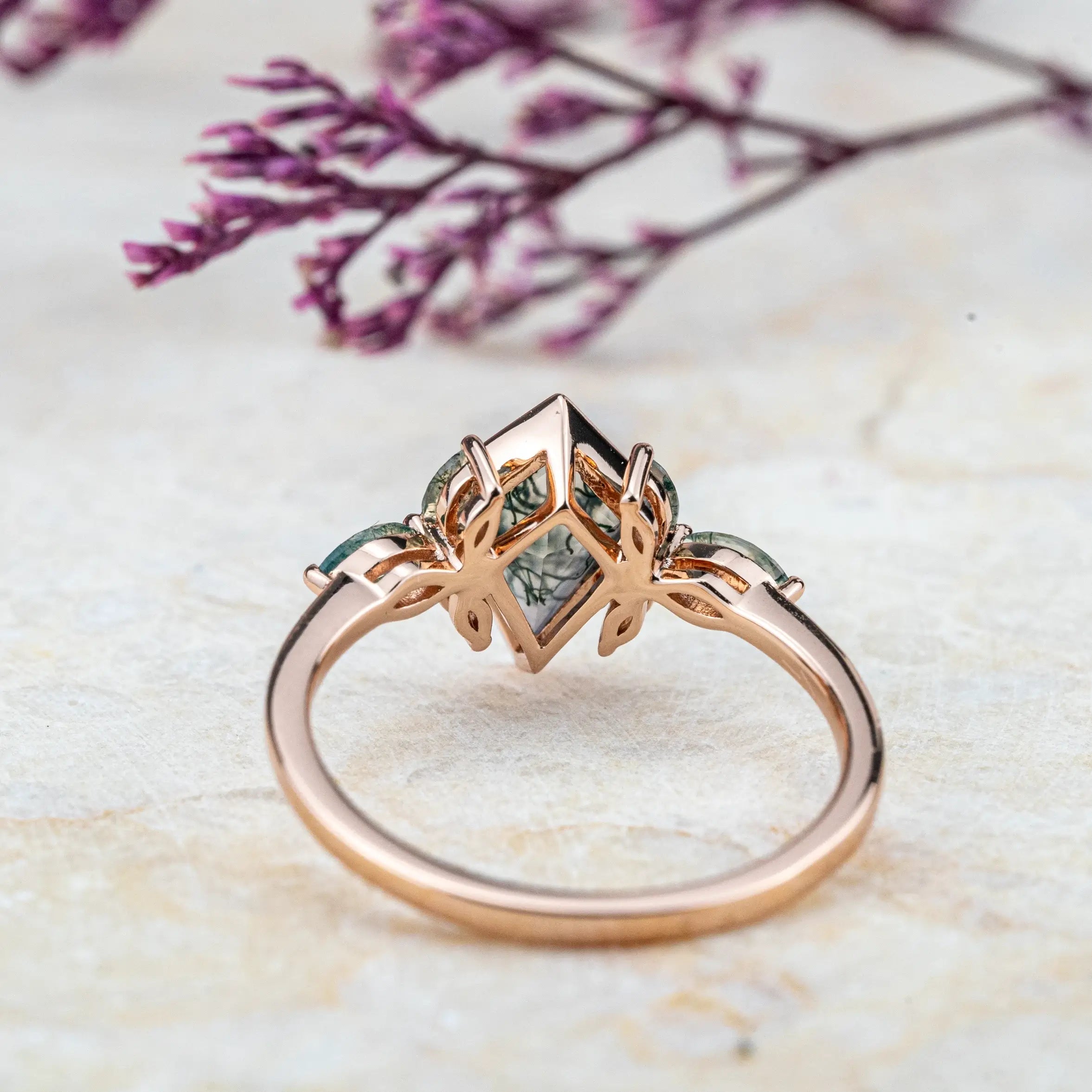 Liora - Beze Set Kite Cut Moosachat Ring Natur inspiriertes Design Flora Ring
