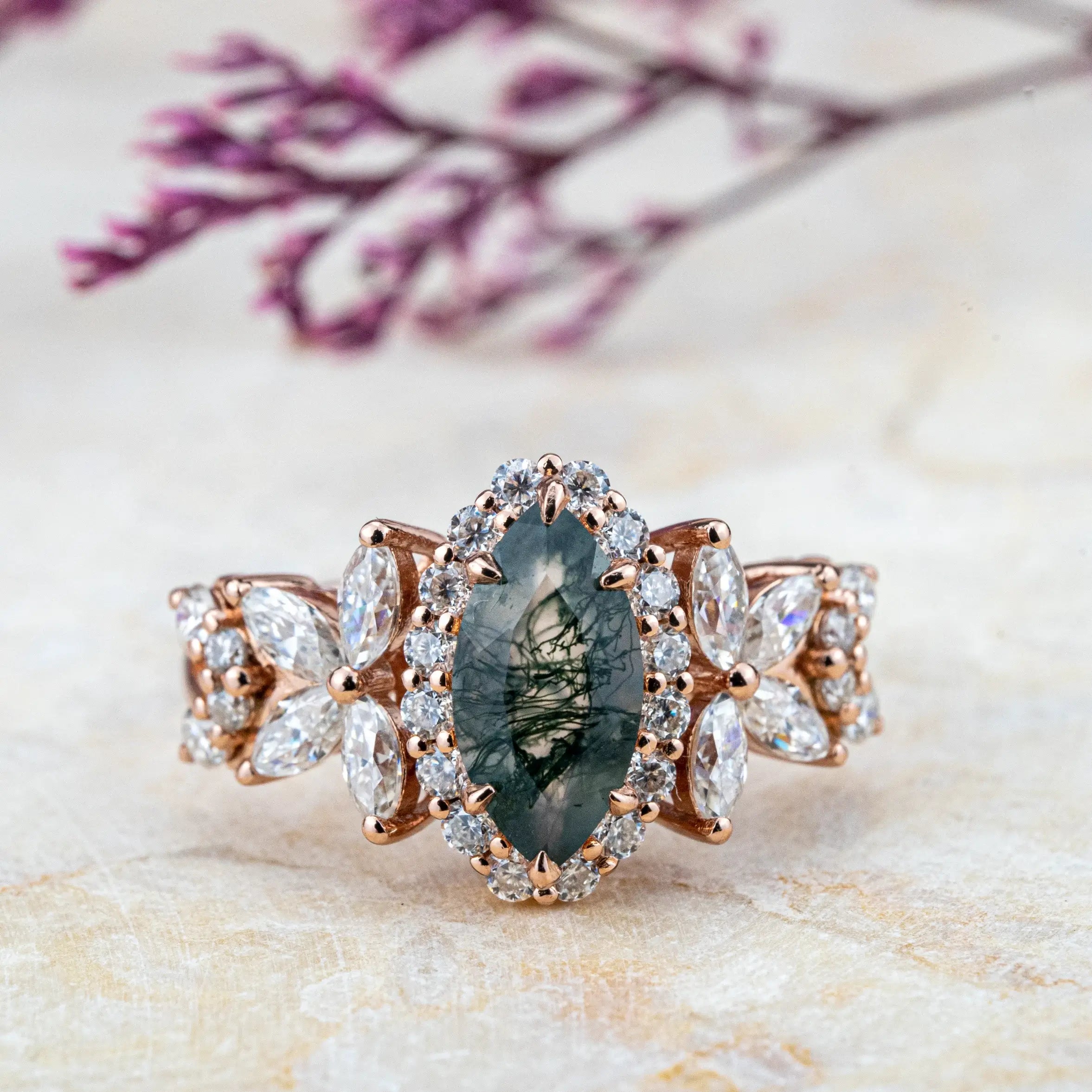 Luxurious Marquise Moss Agate Rings Halo Engagement Ring Custom gold ring for women promise gift