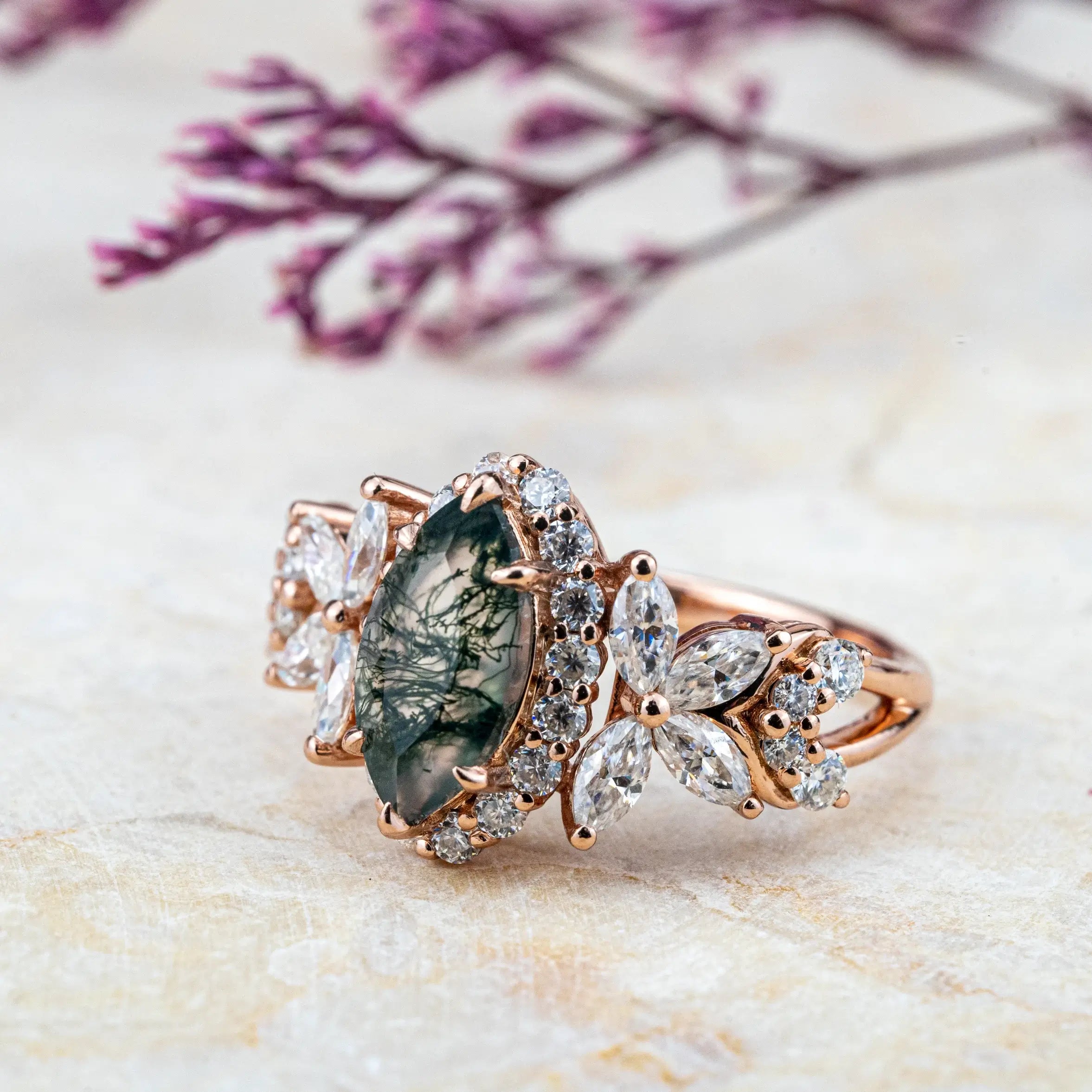 Luxurious Marquise Moss Agate Rings Halo Engagement Ring Custom gold ring for women promise gift anniversary ring for ladies