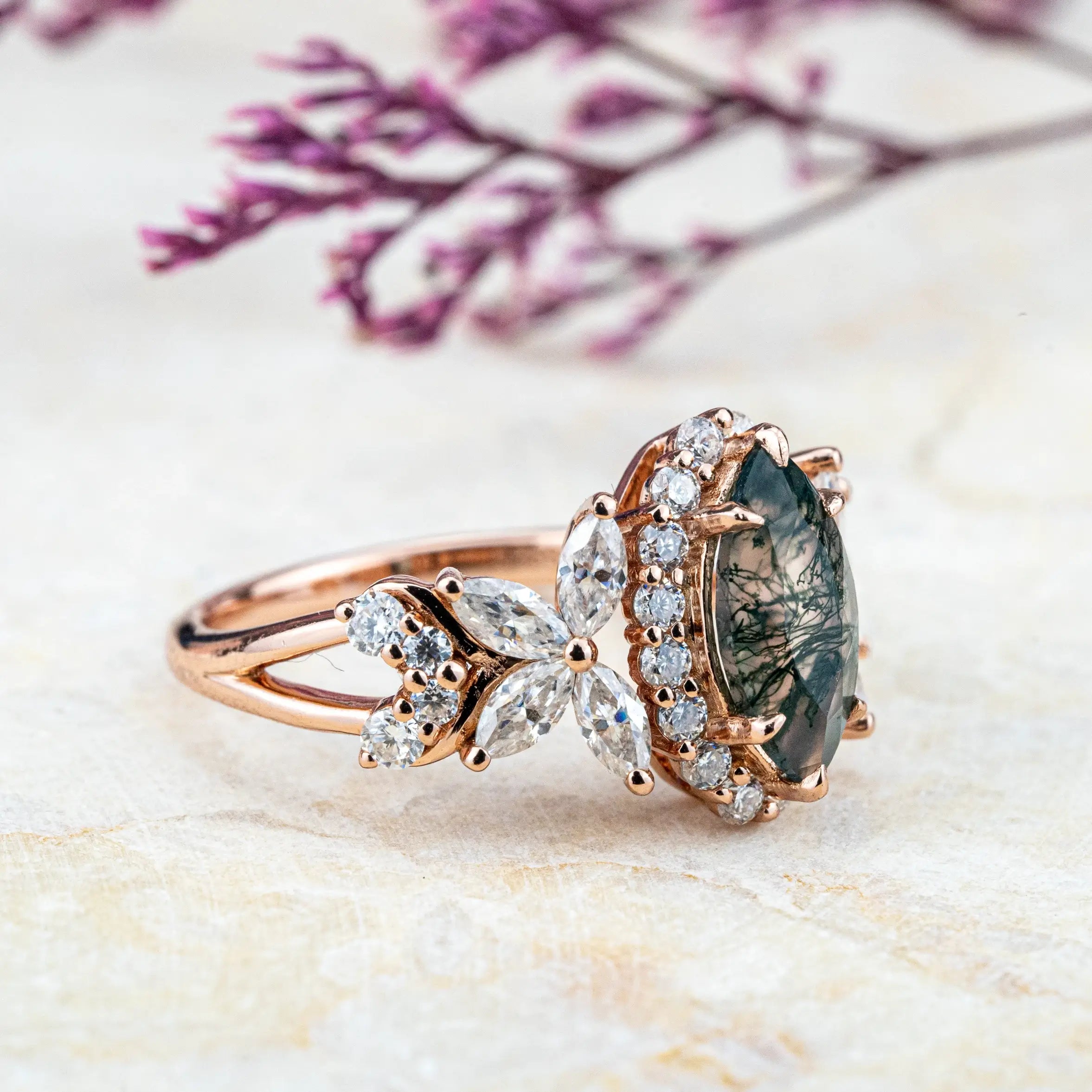 Luxurious Marquise Moss Agate Rings Halo Engagement Ring Custom gold ring for women promise gift anniversary ring for ladies
