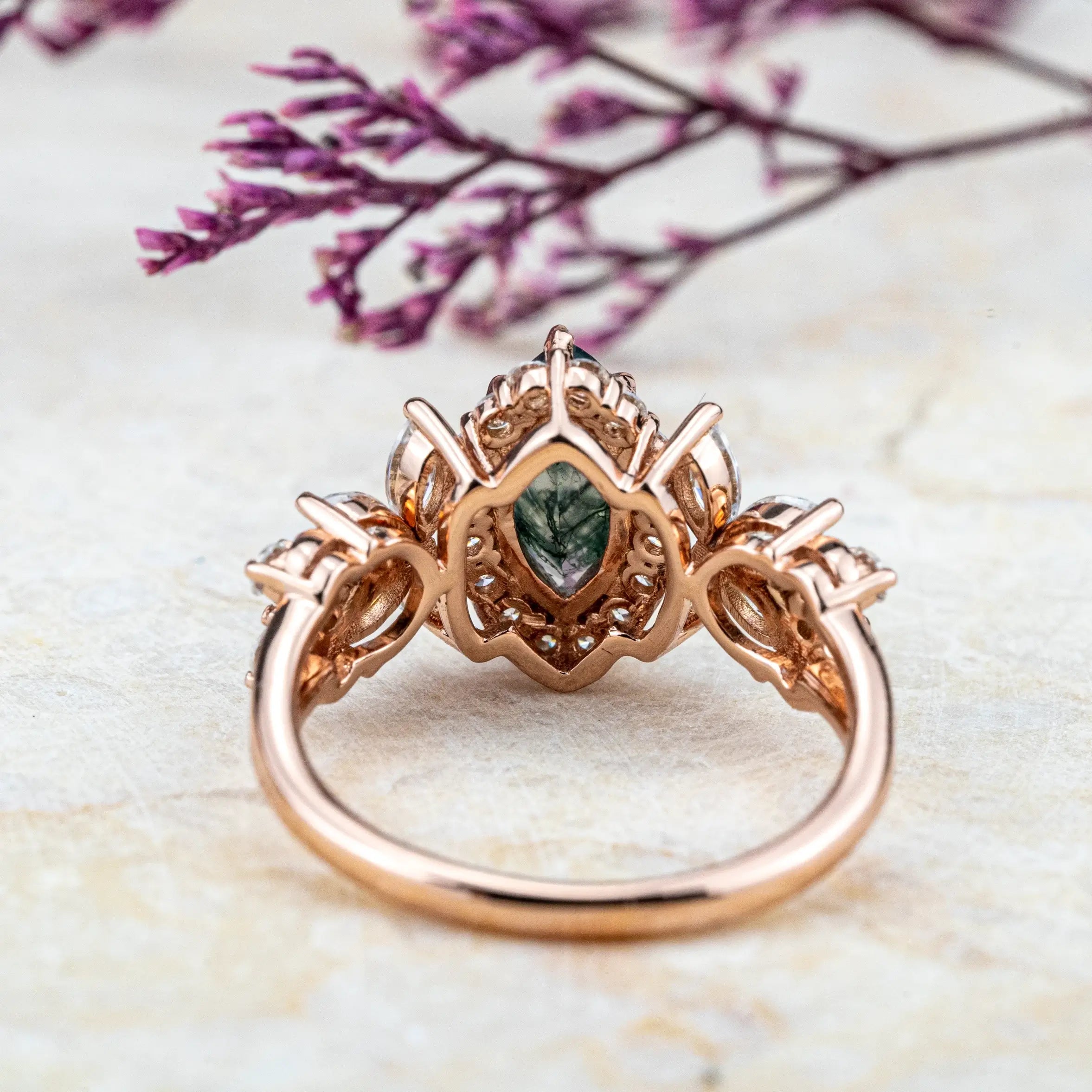 Luxurious Marquise Moss Agate Rings Halo Engagement Ring Custom gold ring for women promise gift anniversary ring for ladies
