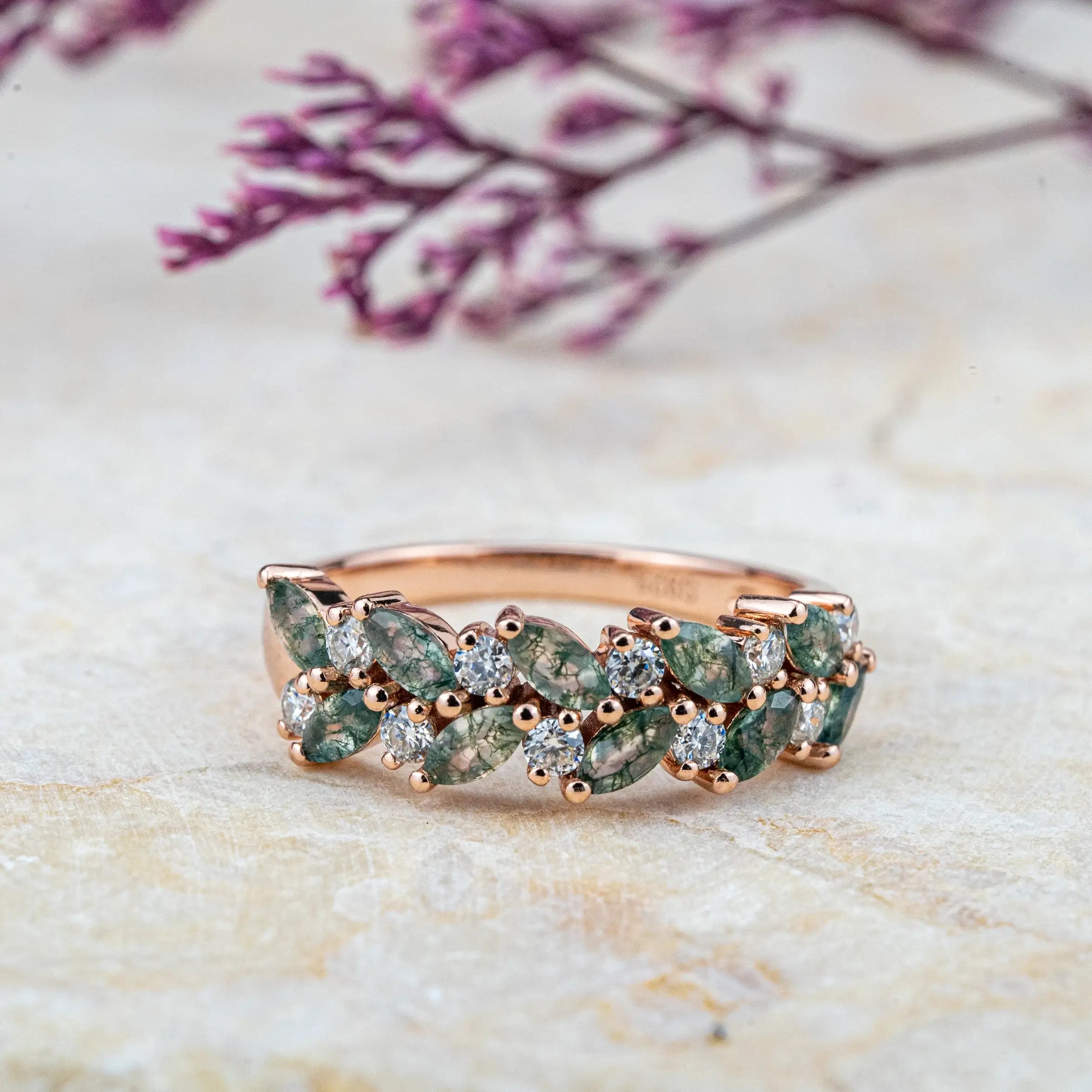 Nature Inspired Design Moss Agate Ring With Diamond ring for ladies anniversary ring