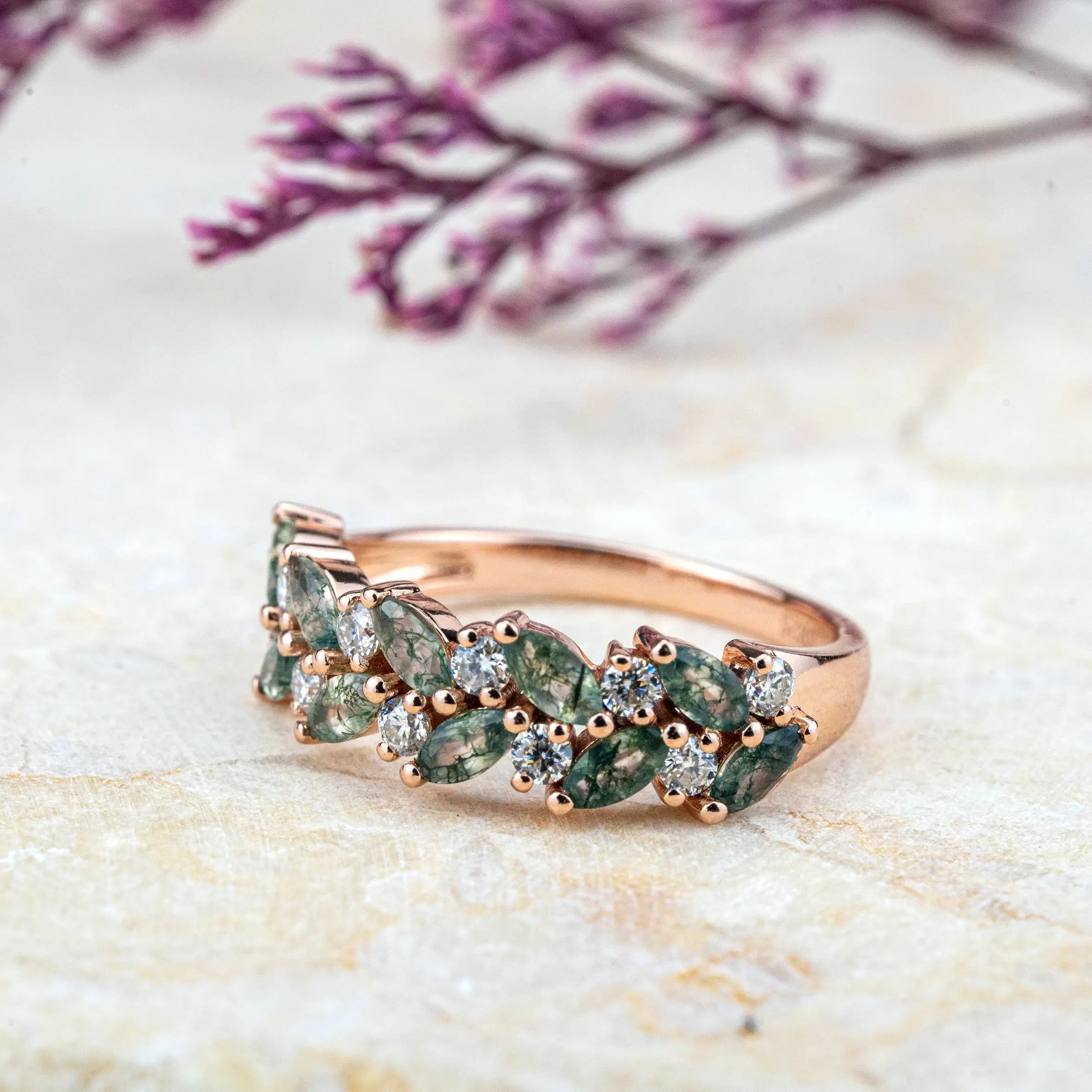 Nature Inspired Design Moss Agate Ring With Diamond ring for ladies anniversary ring