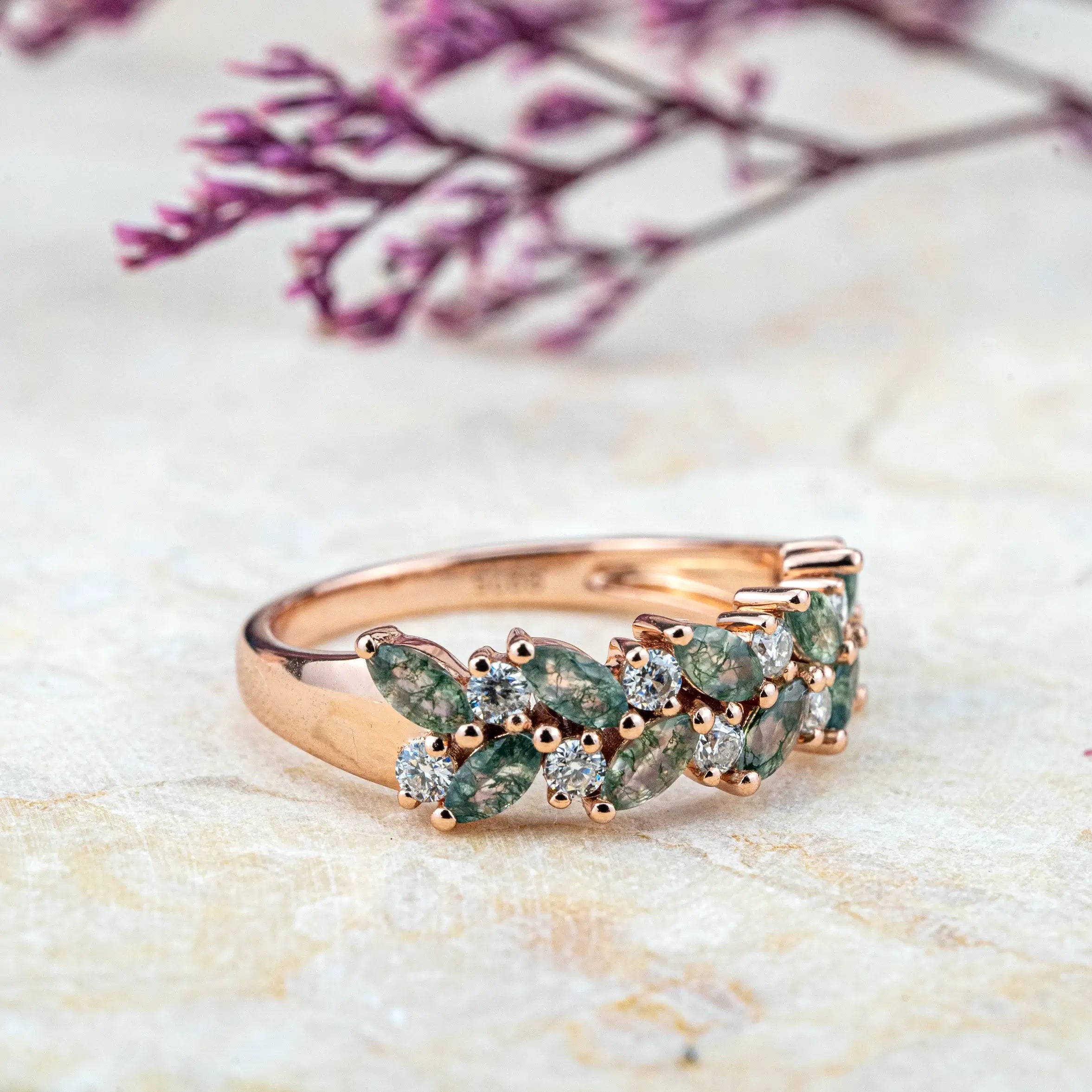 Nature Inspired Design Moss Agate Ring With Diamond ring for ladies anniversary ring promise gift