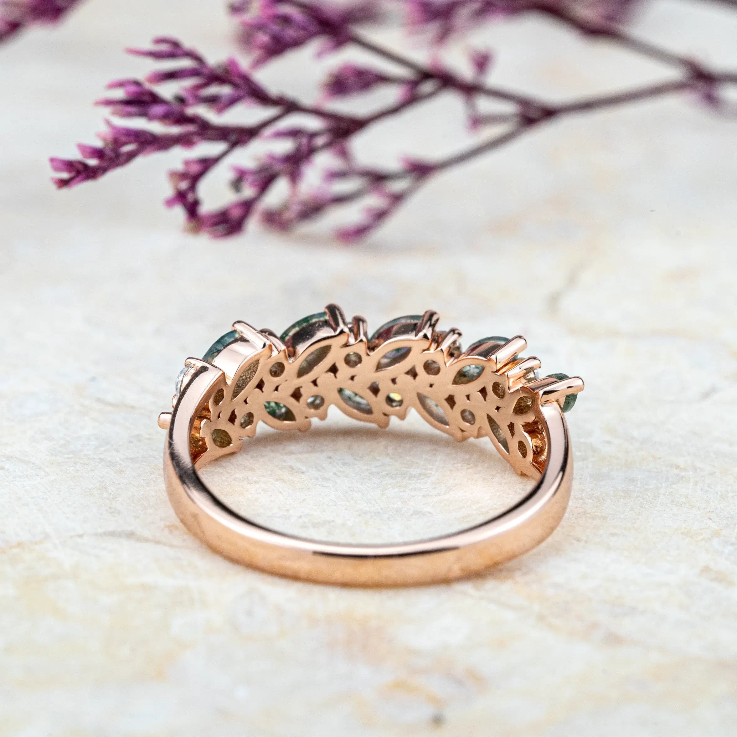 Evelyn - Nature Inspired Design Moss Agate Ring With Diamond