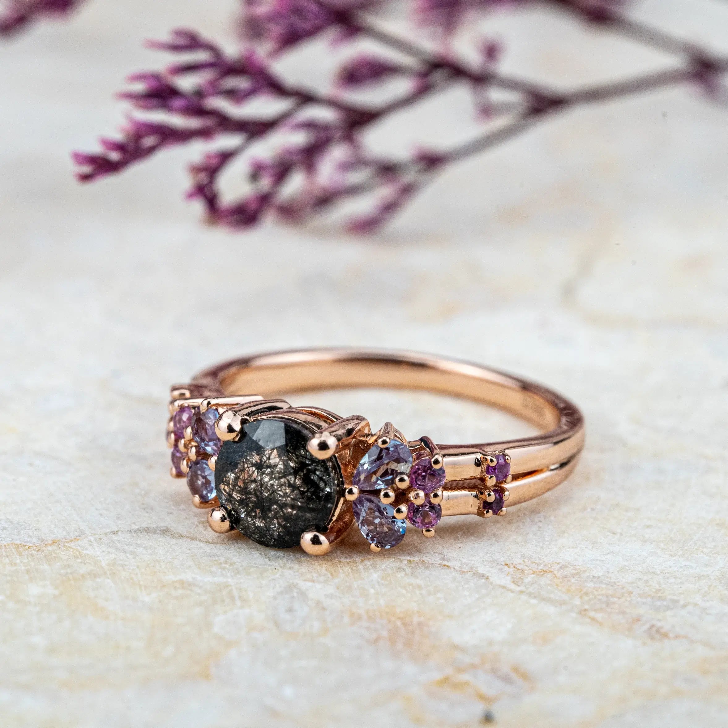 Handcrafted 14K Rose Gold Engagement Ring with Round Cut Black Rutilated Quartz - Custom Made, Elegant Design Promise Ring Anniversary Gift