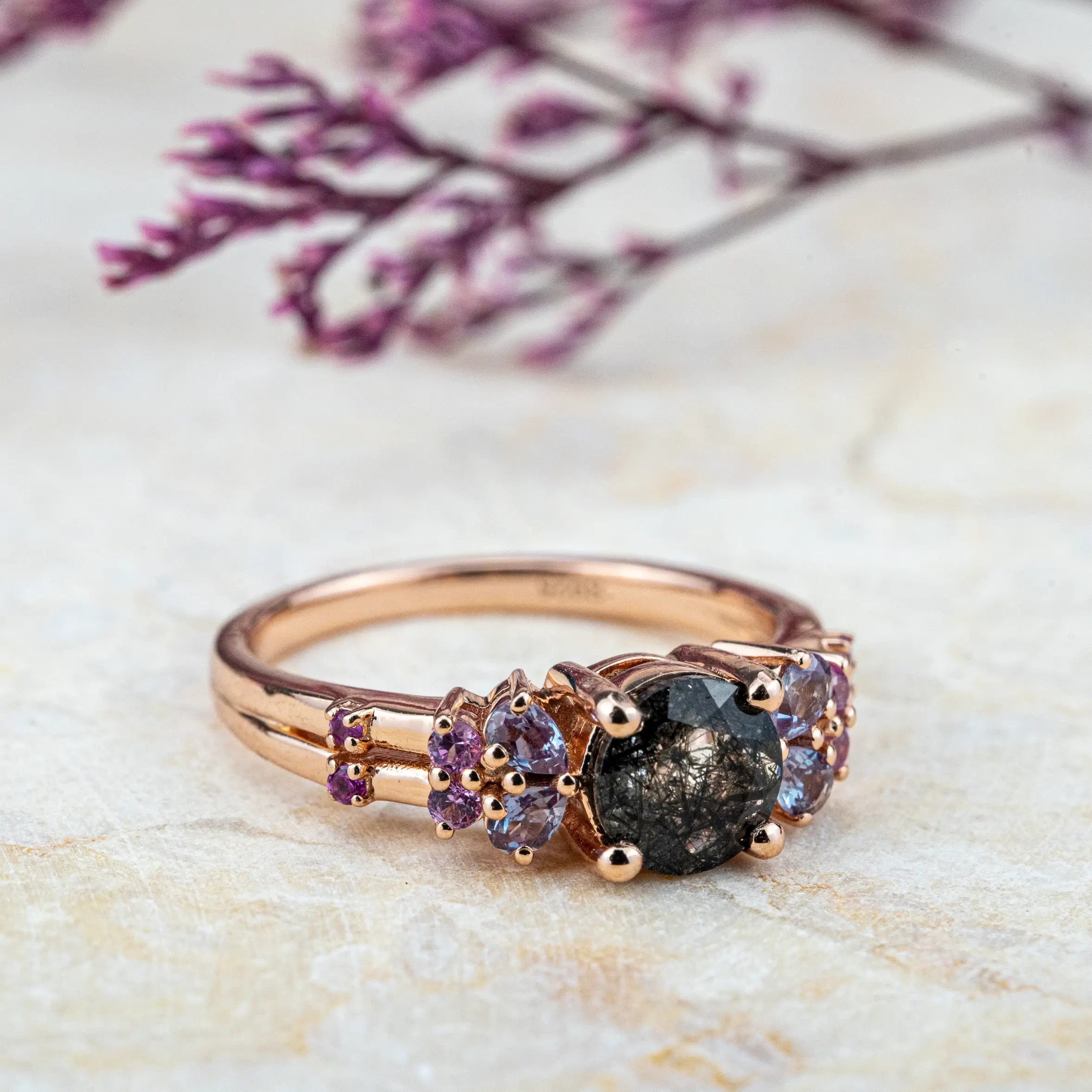 Handcrafted 14K Rose Gold Engagement Ring with Round Cut Black Rutilated Quartz - Custom Made, Elegant Design Promise Ring Anniversary Gift