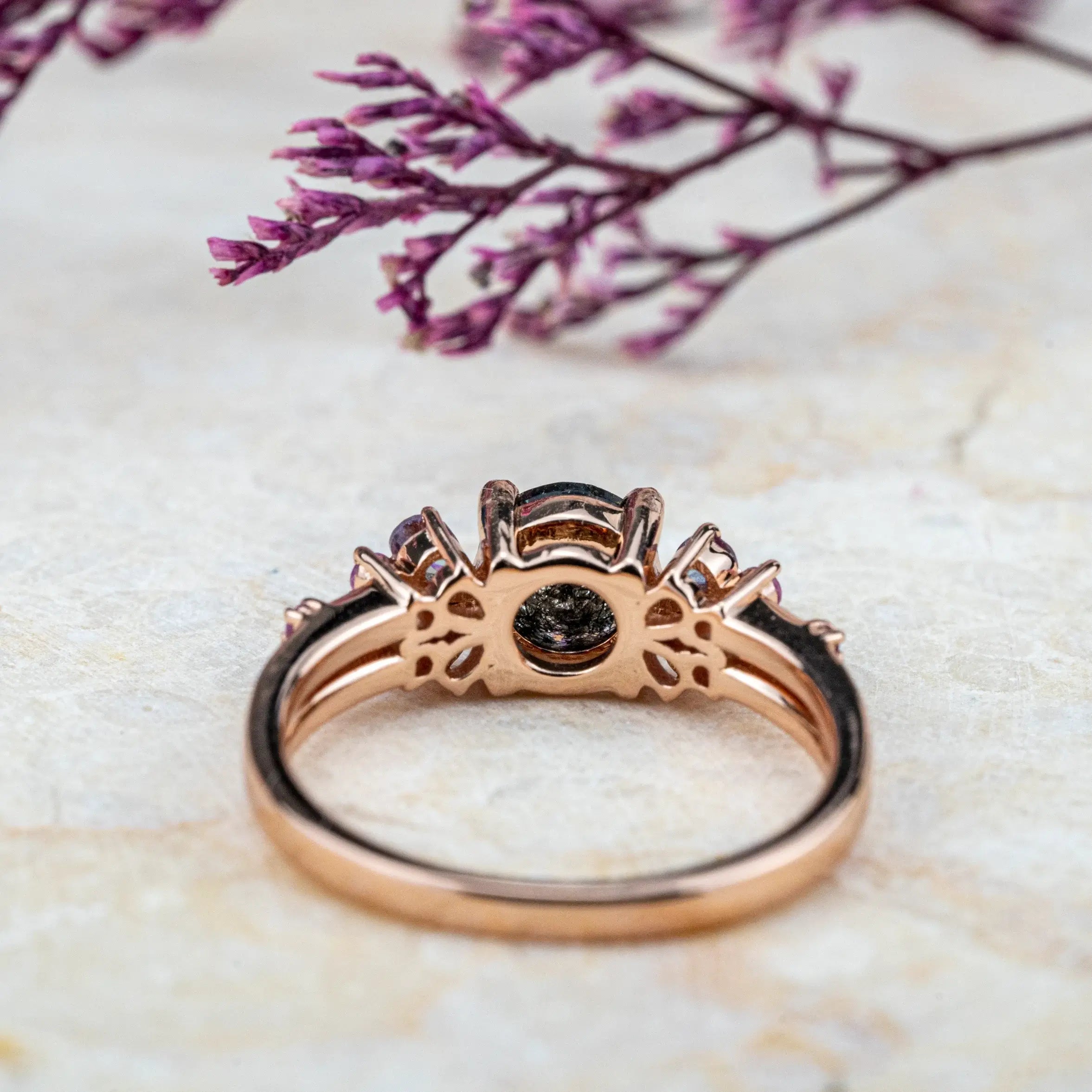 Elegant 14K Rose Gold & Black Quartz Engagement Ring