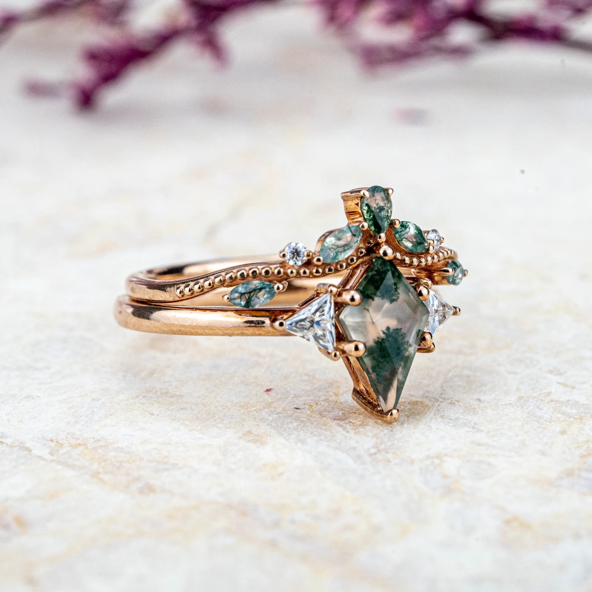 Kite Cut Moss Agate Ring Set Three Stone Ring Vintage Rings best anniversary rings for women