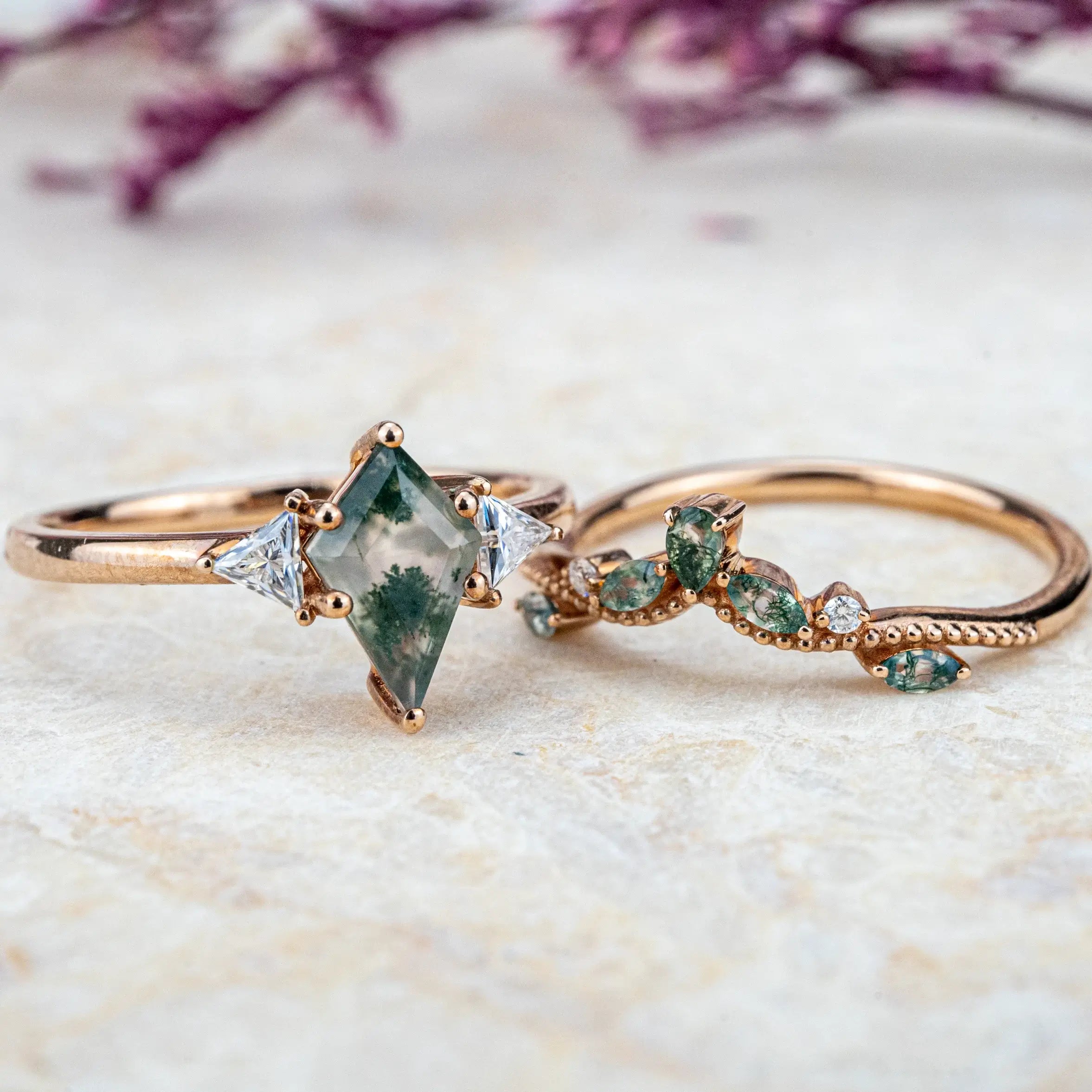 Kite Cut Moss Agate Ring Set Three Stone Ring Vintage Rings High-end luxury engagement rings, the most beautiful pure gold ring designs