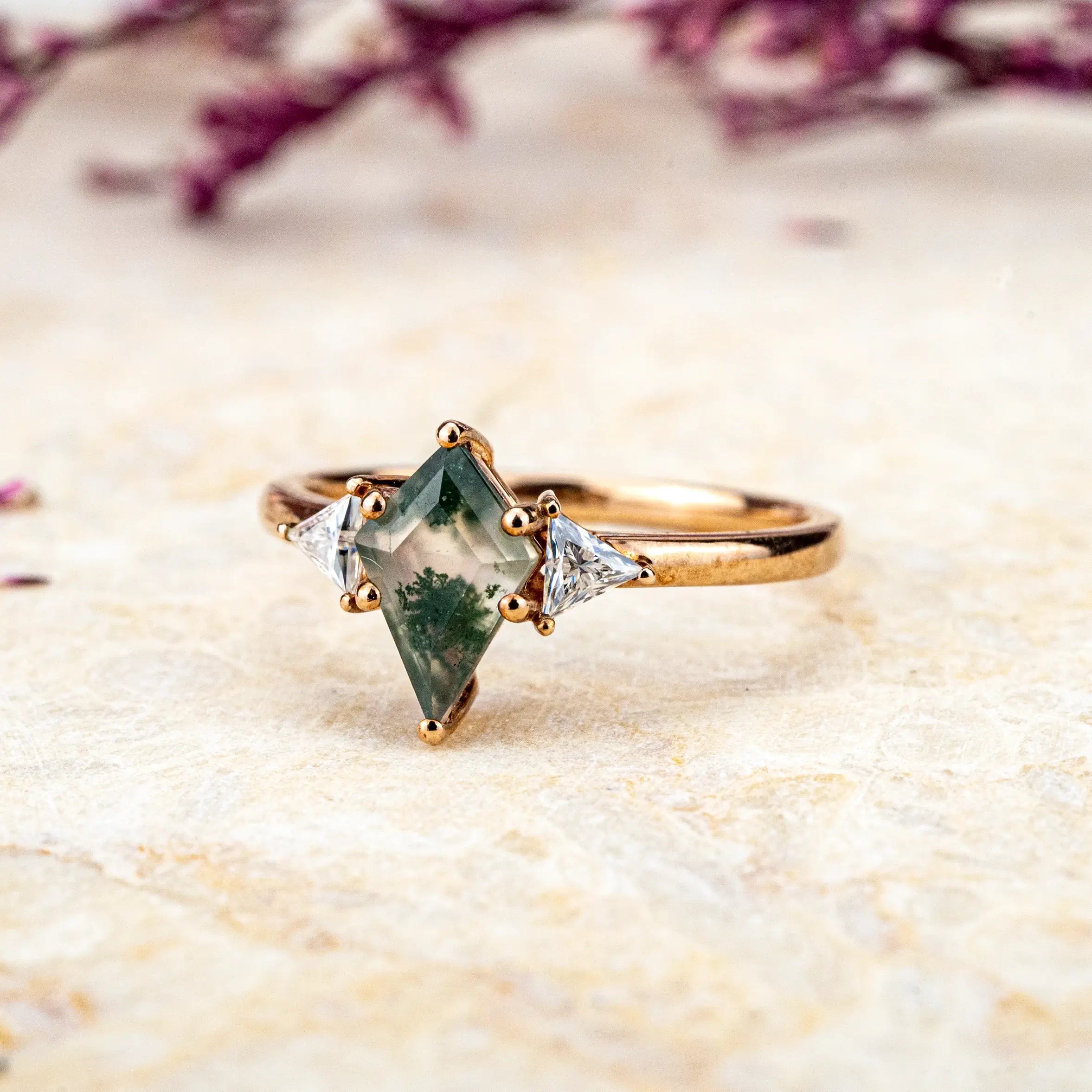 Modern Luxury Three Stone Ring Kite Cut Moss Agate Ring For Women with anniversary ring