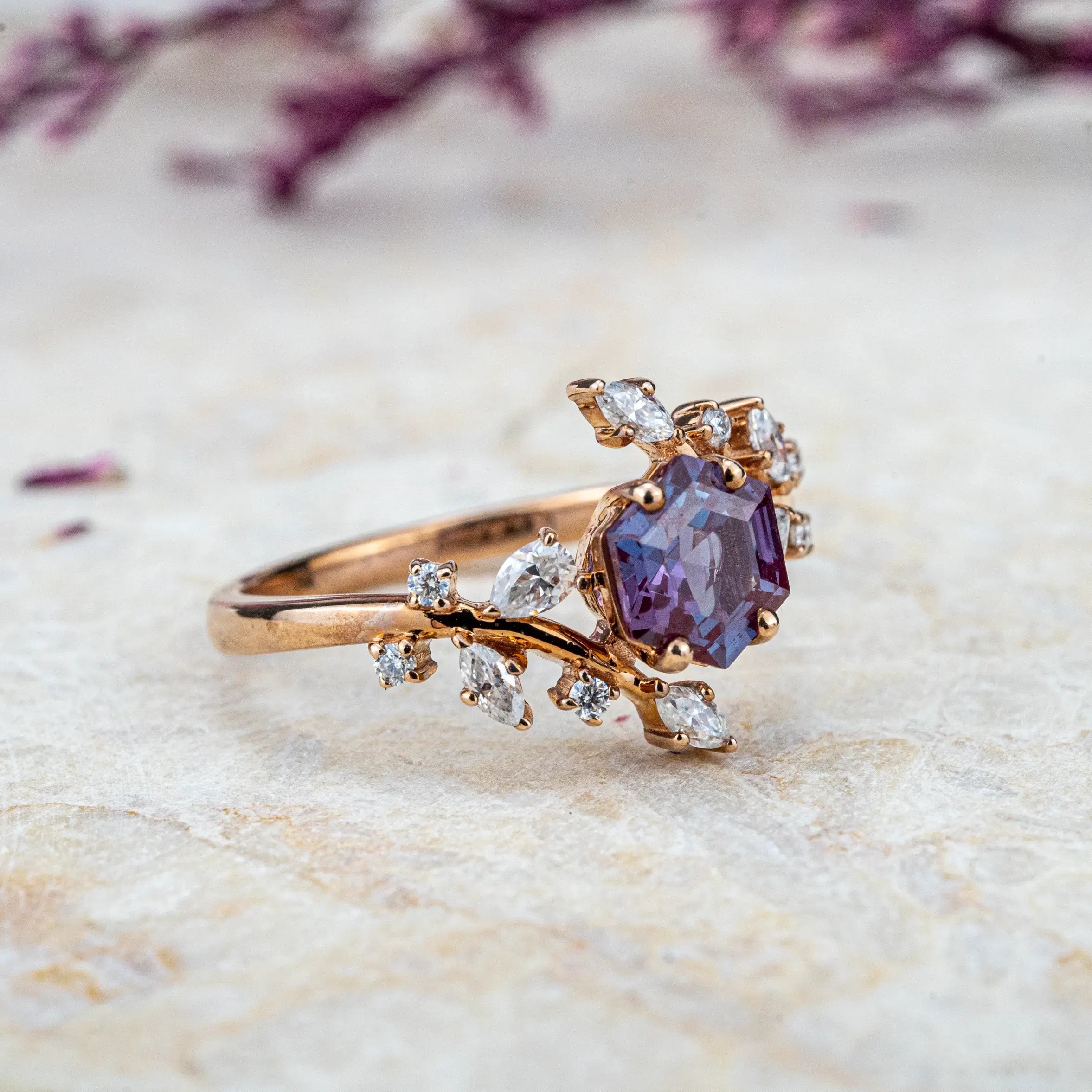 Exquisite Rose Gold Oval Alexandrite Engagement Ring Vintage Floral Design Natural Diamonds Elegant Bridal Jewelry Perfect for Proposal Ring