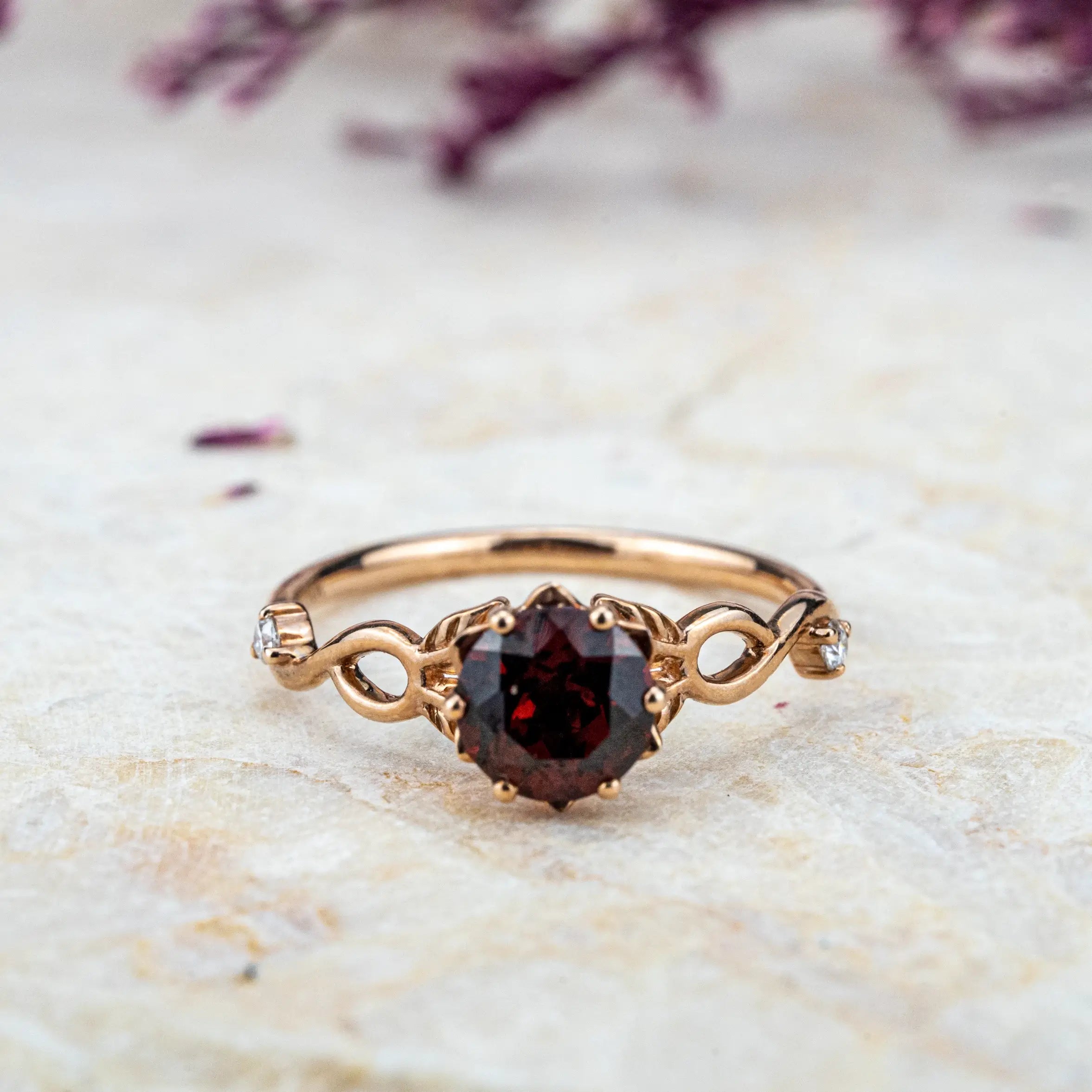 Round Cut Red Garnet Engagement Ring Fresh Leaf Ring Custom rose gold ring for women anniversary ring