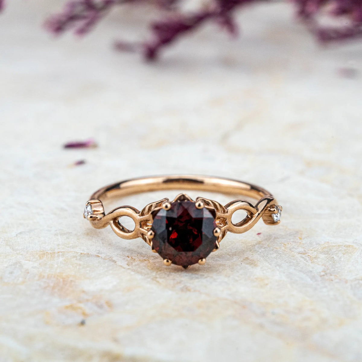 Round Cut Ruby Engagement Ring Fresh Leaf Ring Custom Rose Gold Rings