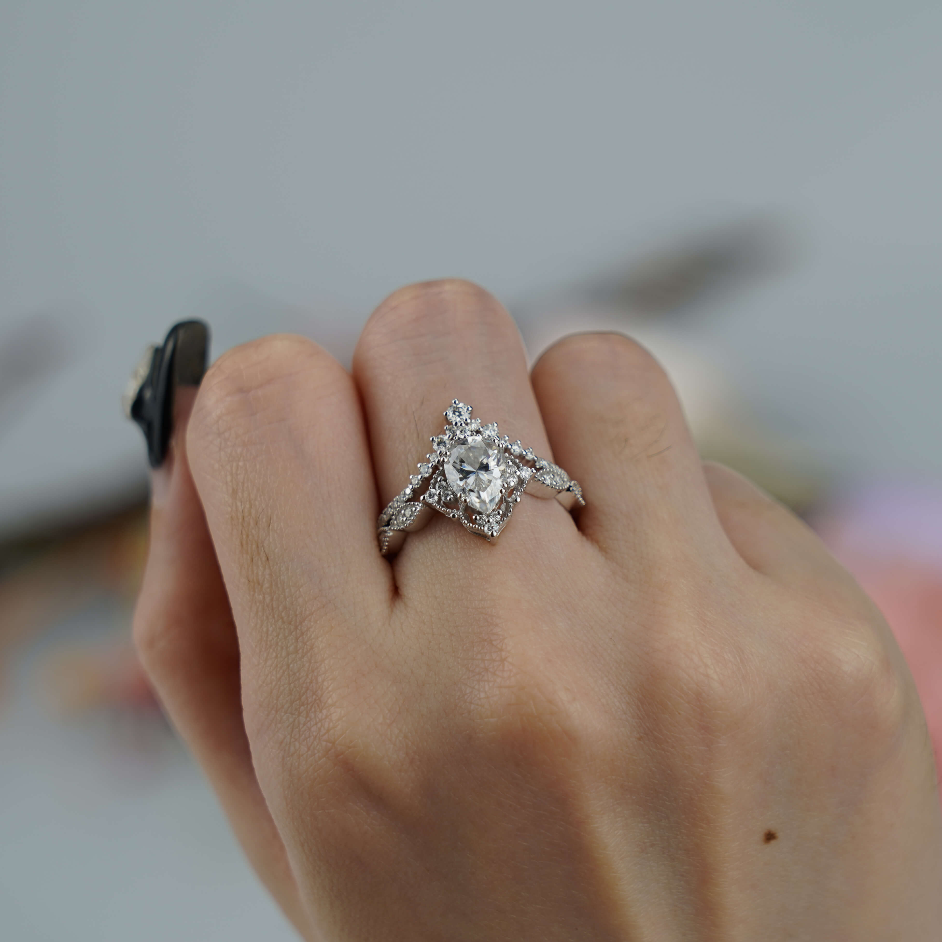 Pear Moissanite Engagement Rings Set -Vintage Pure White Love