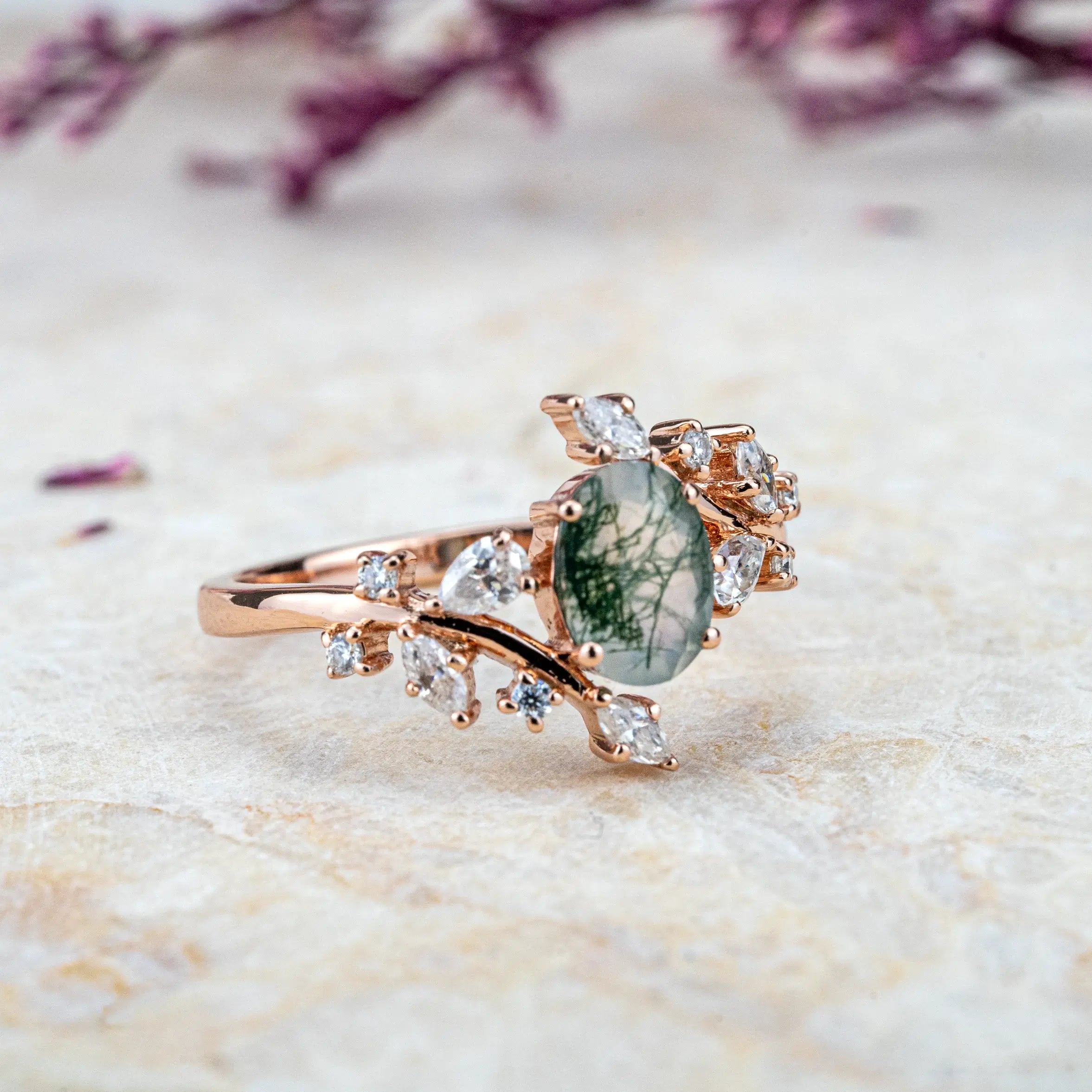 Precious jewels moss agate ring for women anniversary ring rose gold ring best custom engagement ring