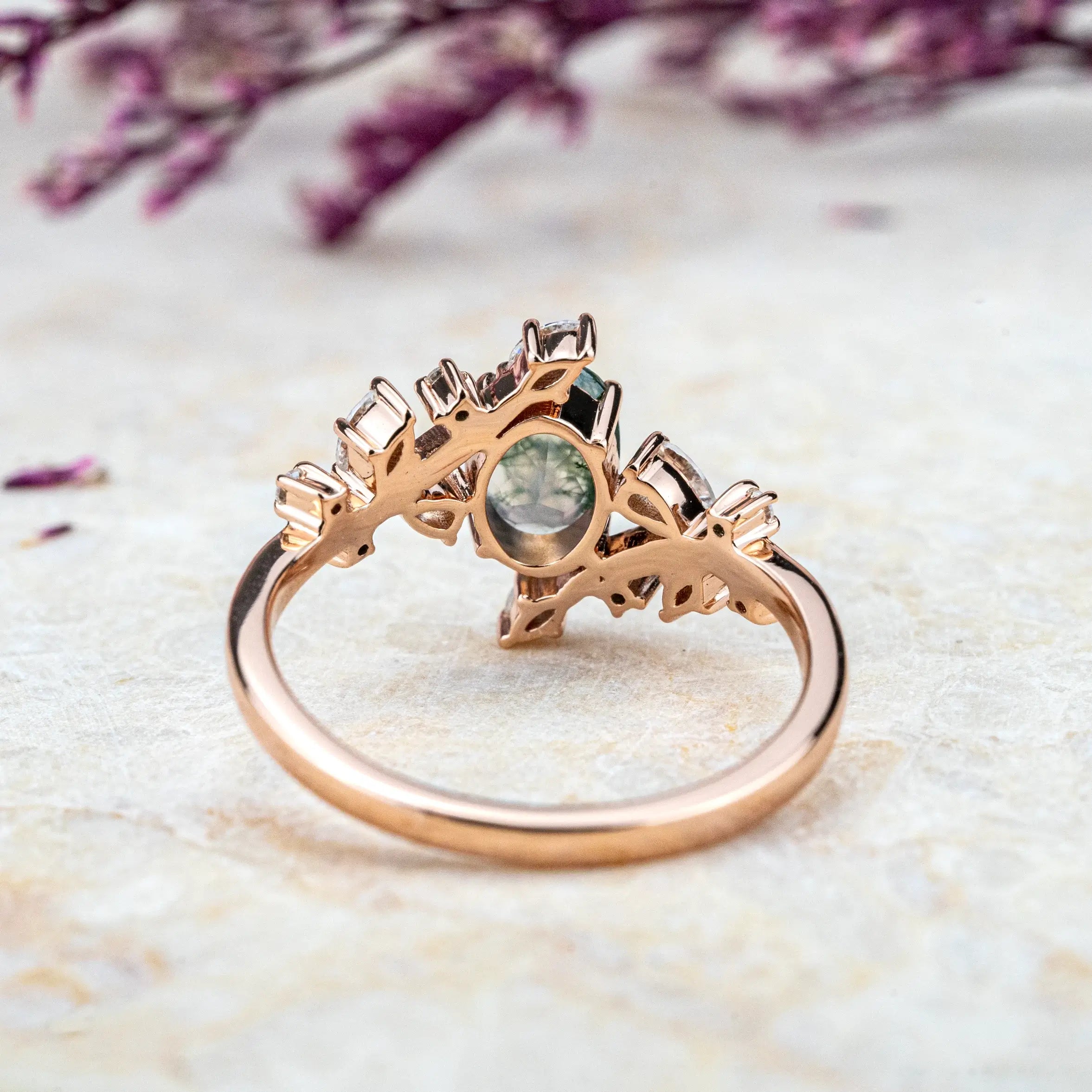 Nature Inspired Design Flora Rings Oval Cut Moss Agate Ring For Ladies