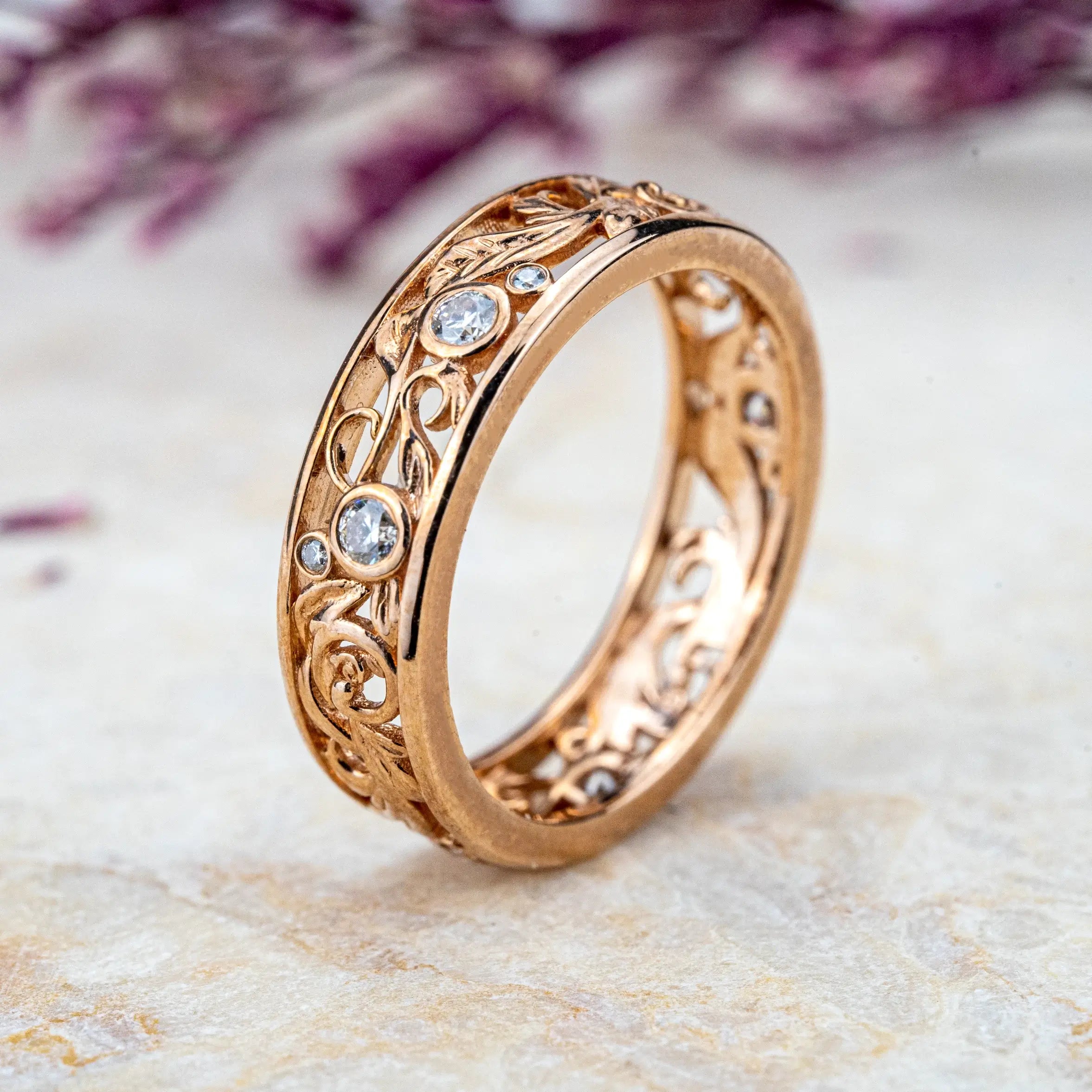 Unique Nature Inspired Design Leaf Ring Wedding Band Diamond Gold Ring