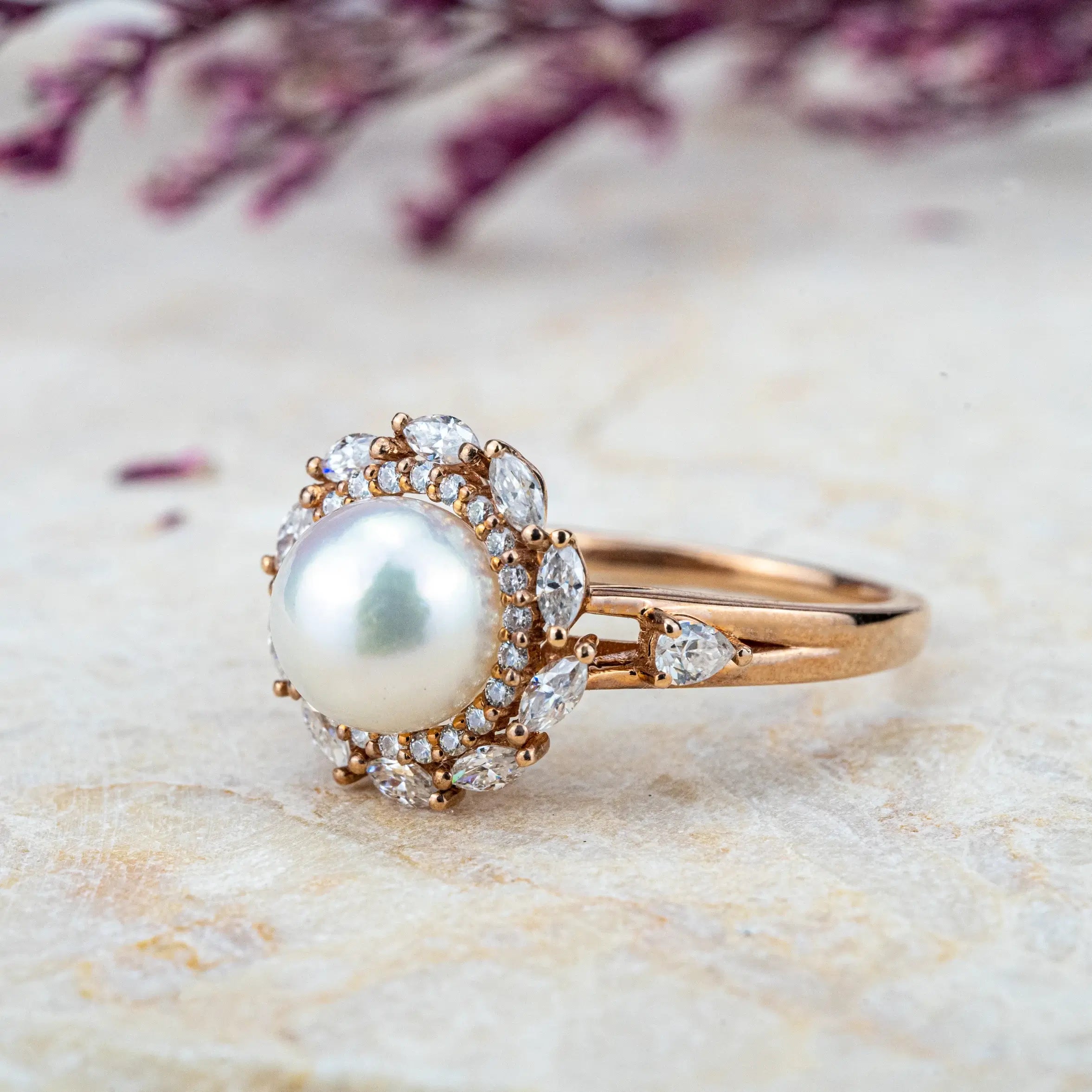 Pearl Blossom Ring - Ethereal Akoya Pearl & Moissanite Petals Ring hahalo rings flora rings for women gift