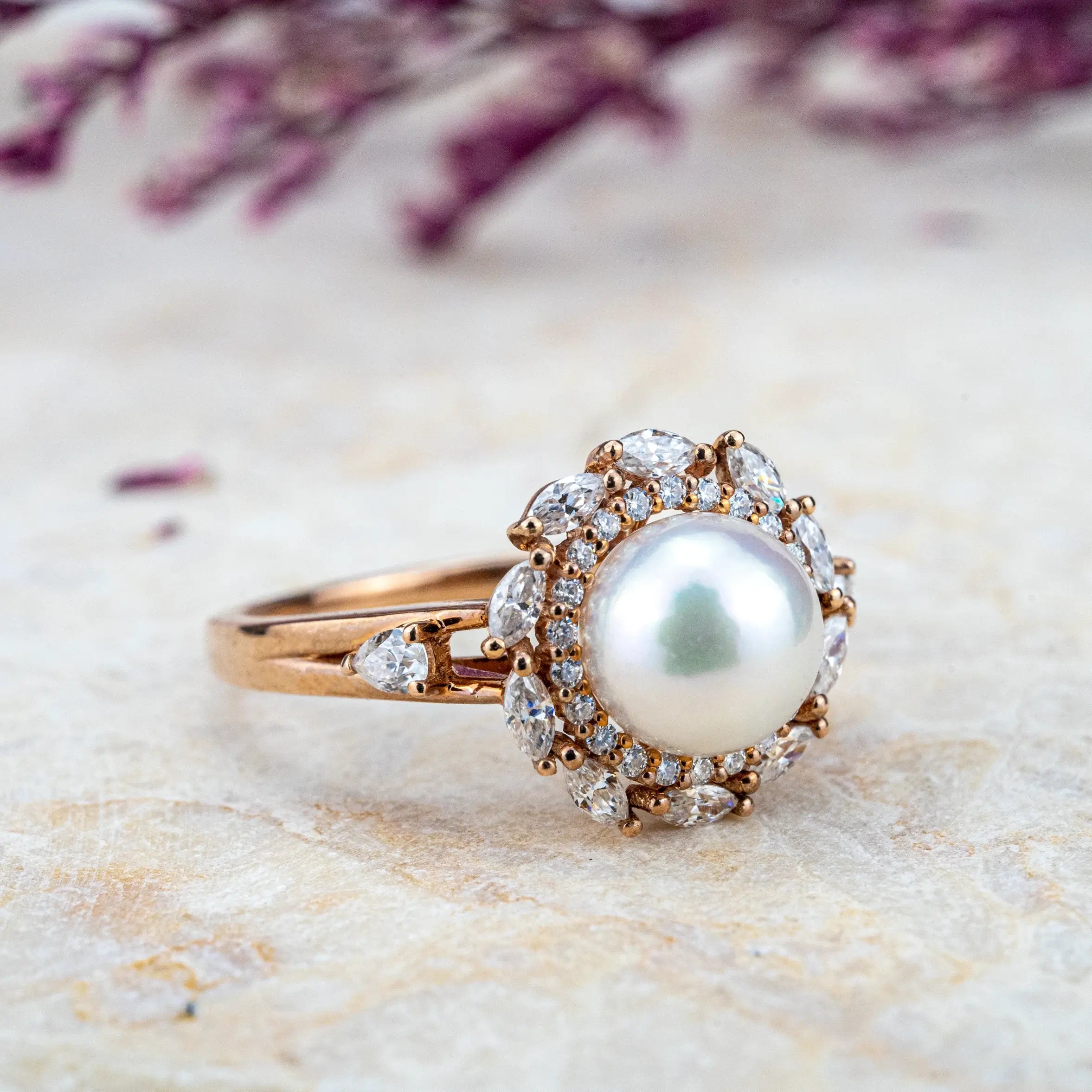 Pearl Blossom Ring - Ethereal Akoya Pearl & Moissanite Petals Ring hahalo rings flora rings for women gift