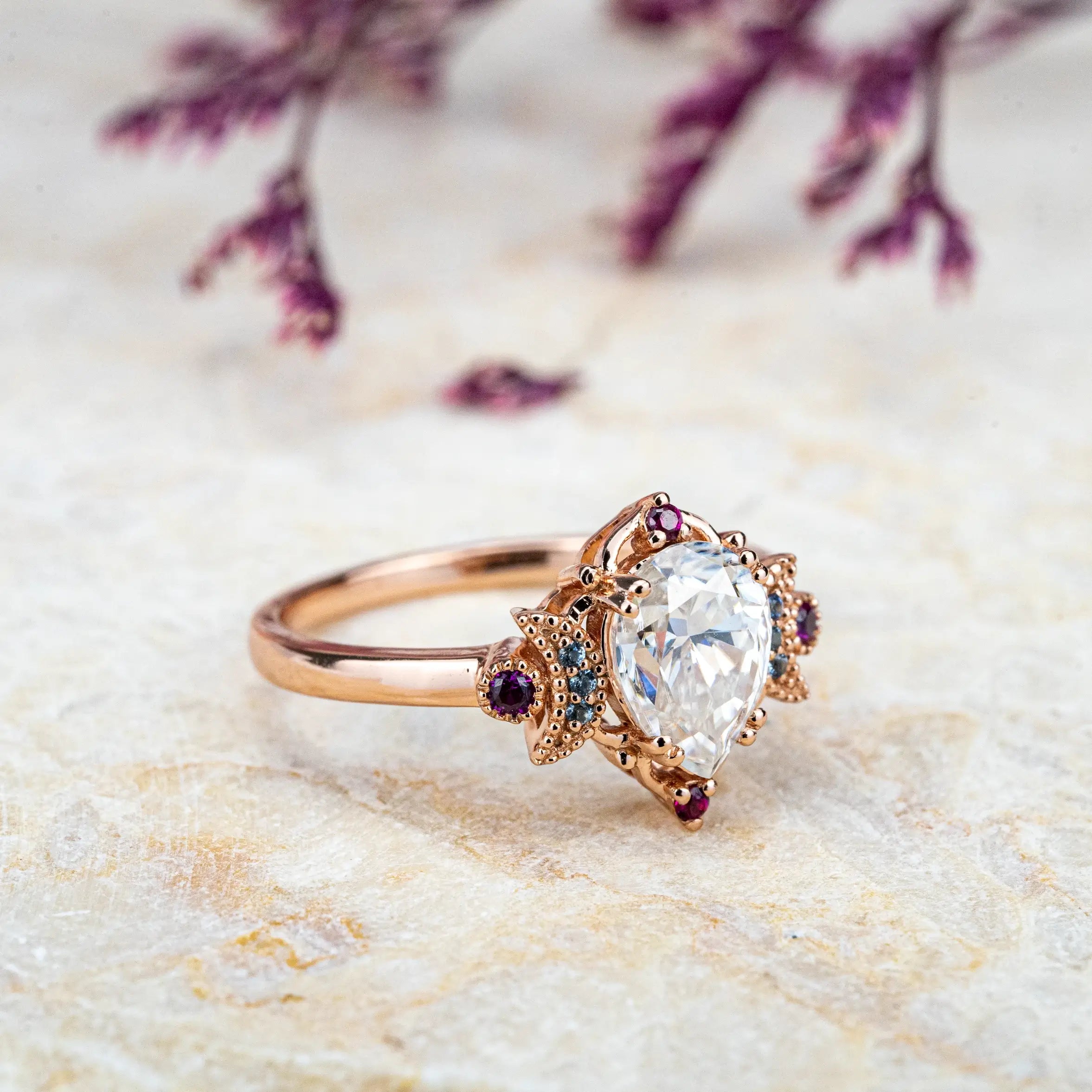Star and Moon Vintage Ring Unique Pear Cut Moissanite Engagement Ring 18k gold ring