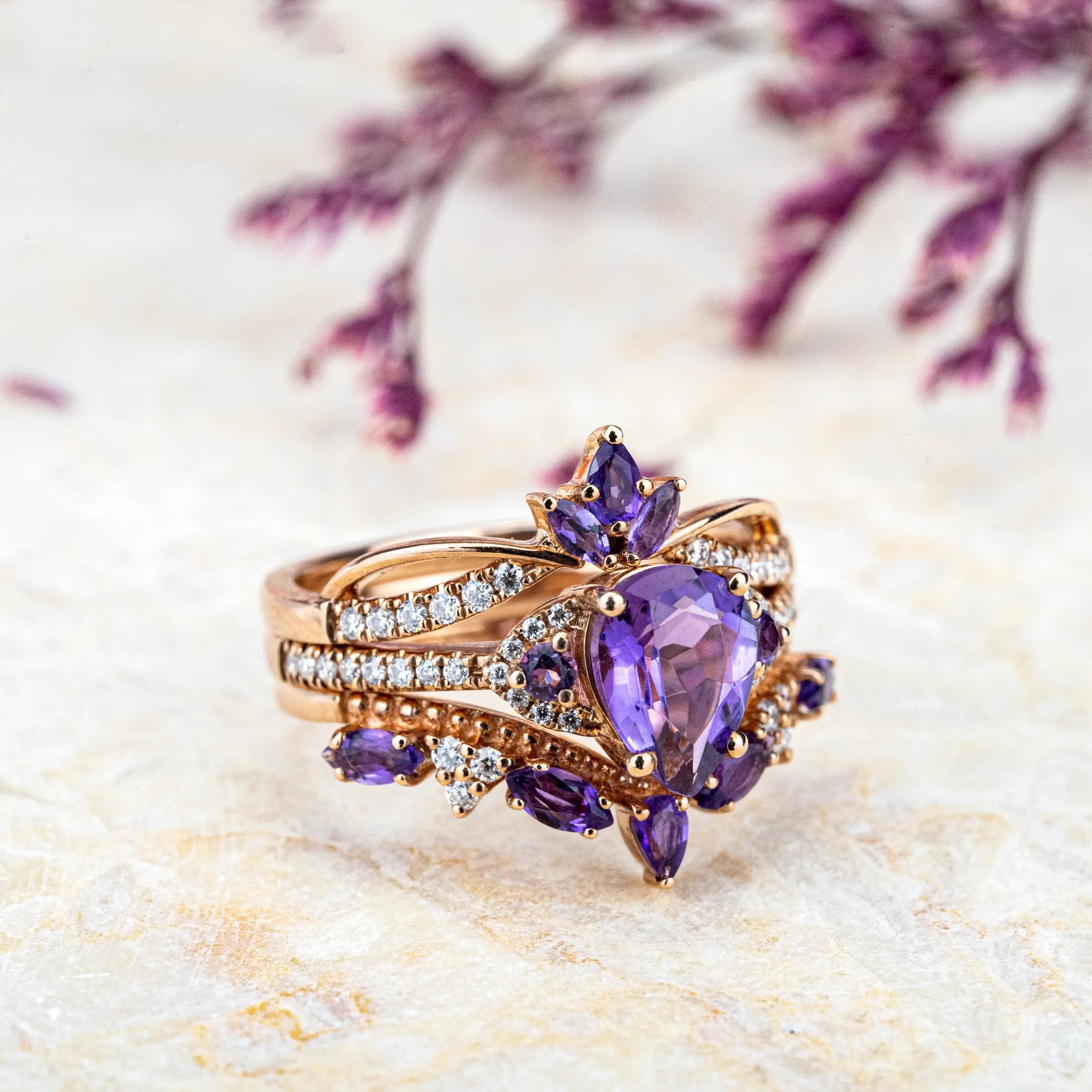 Royal Amethyst Trine Rings 14k Gold Custom Engagement Rings Set Unique Vintage Classic Handmade Ring Anniversary Ring Gift promise Rings