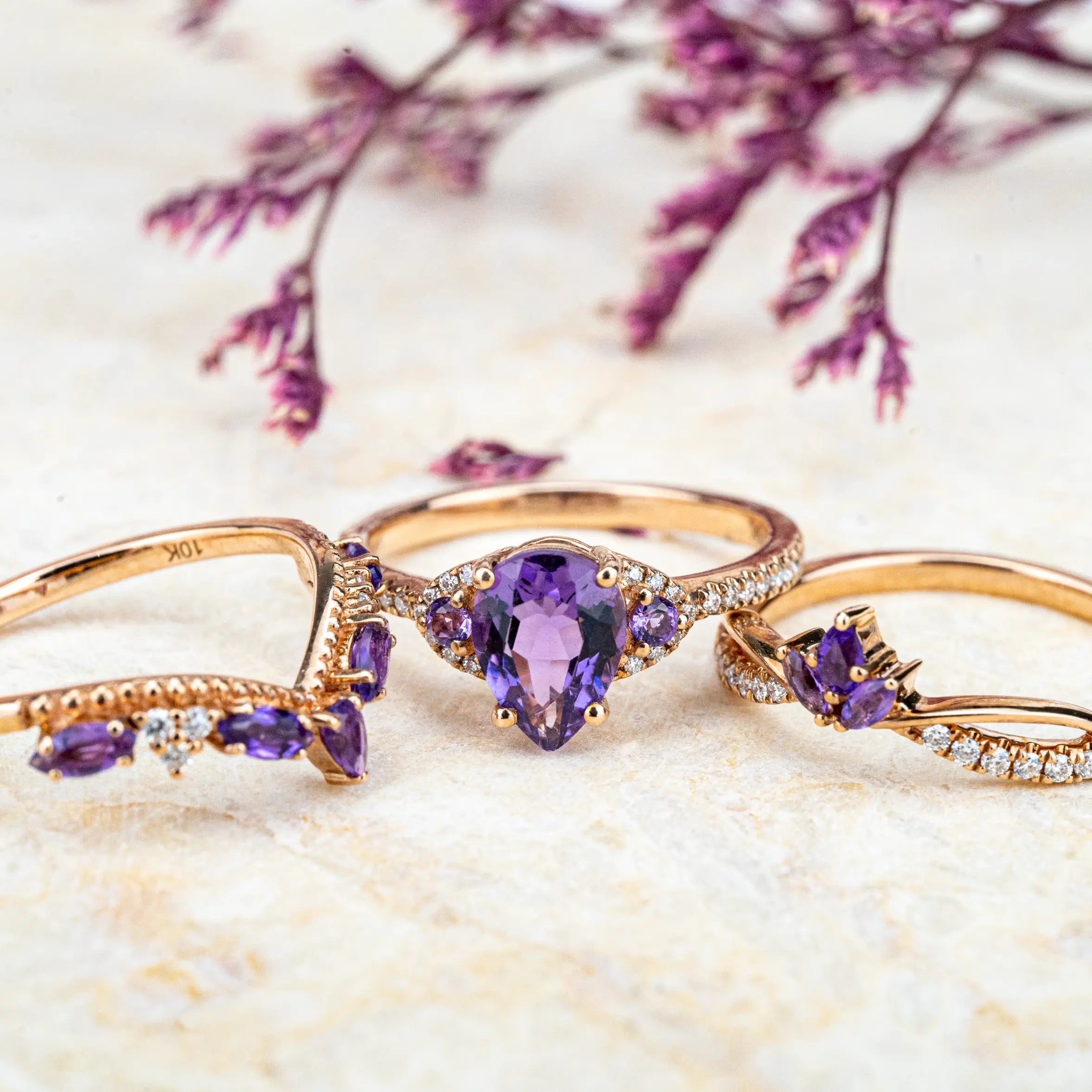 Royal Amethyst Trine Rings 14k Gold Custom Engagement Rings Set Unique Vintage Classic Handmade Ring Anniversary Ring Gift promise Rings