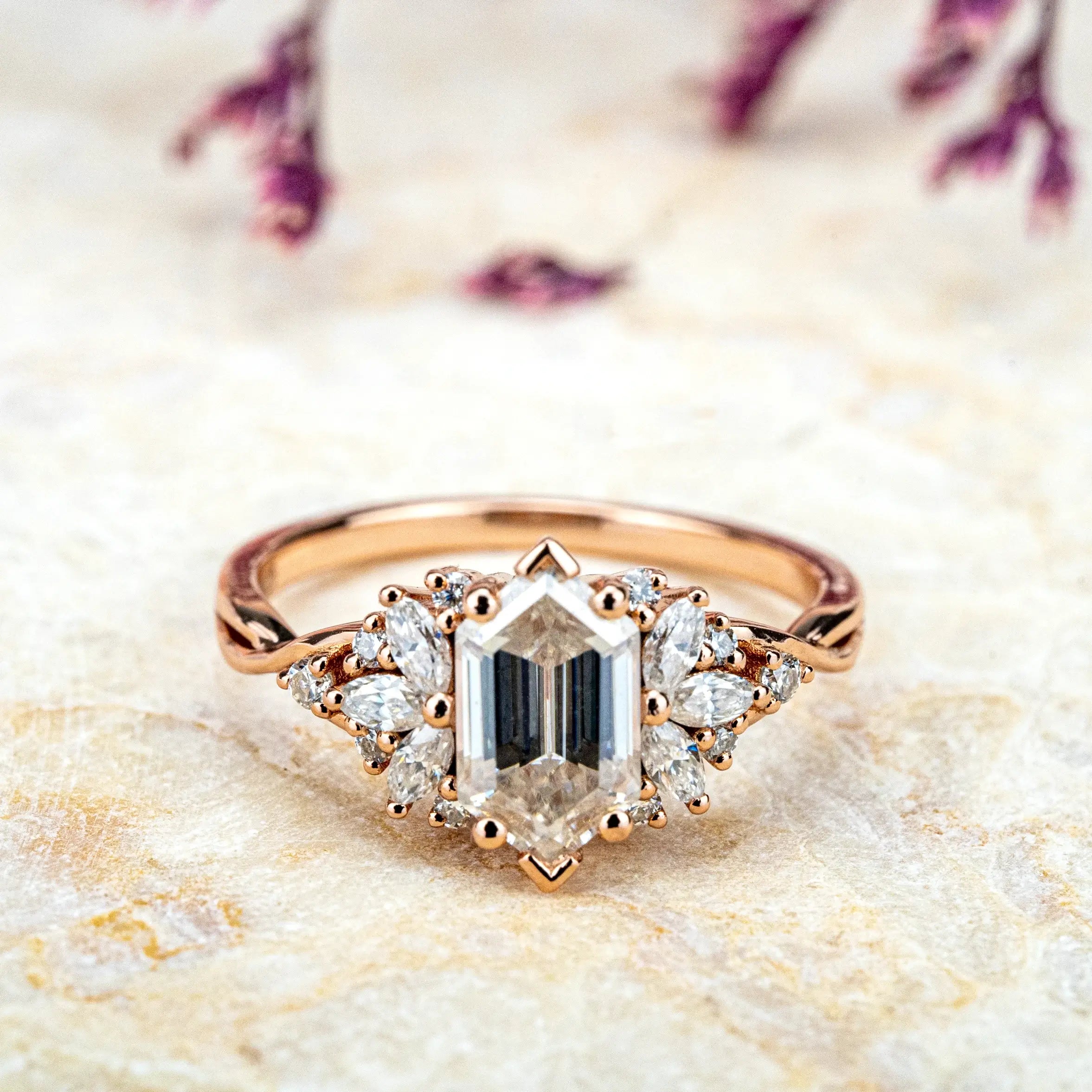 Long Hexagon Moissanite Ring Cluster Flower Engagement Gold Ring FOR women anniversary ring