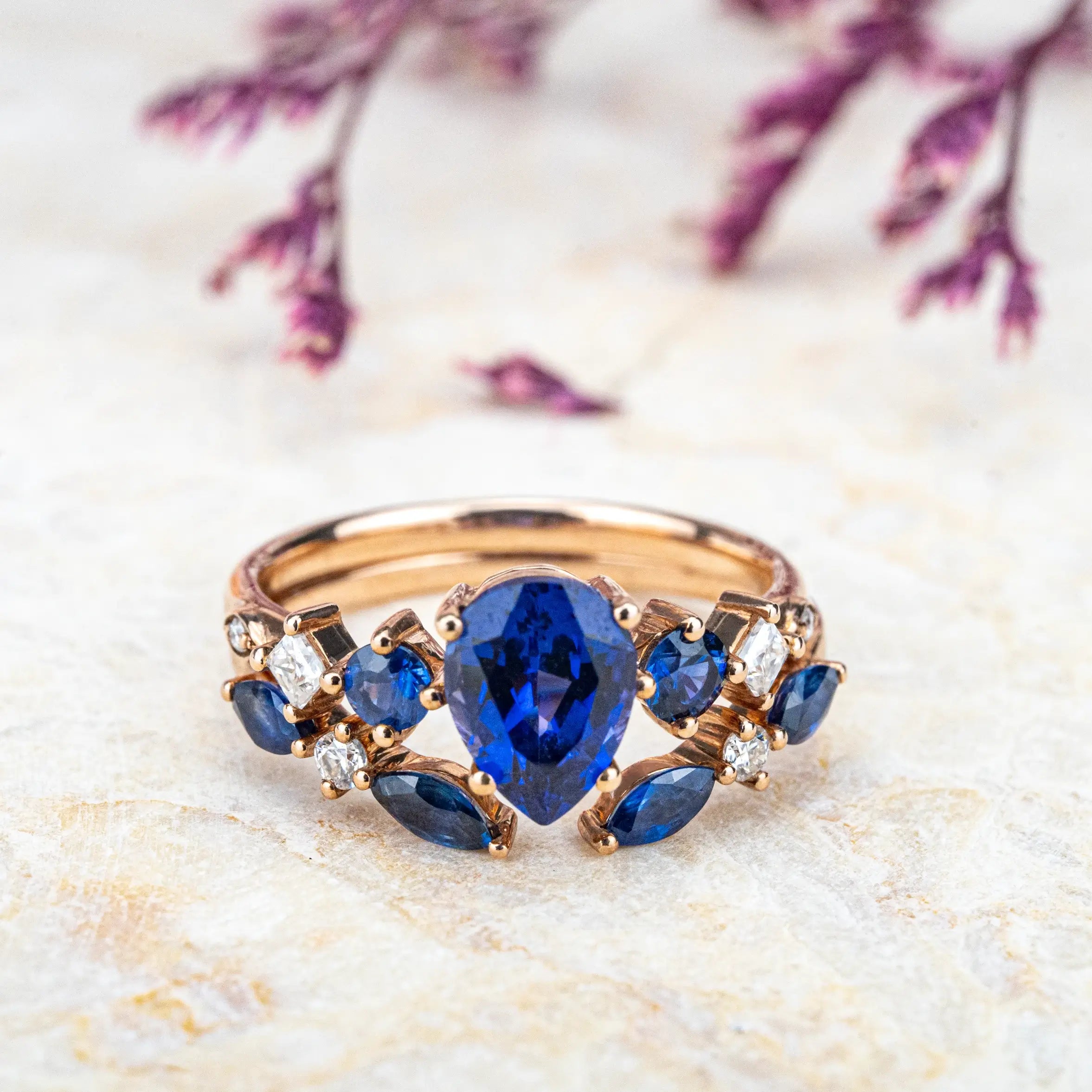 Elegant Pear-Shaped Sapphire Engagement Ring Set Handcrafted Custom Design Rose Gold Band Luxurious and Timeless Jewelry Promise Ring Gift for her