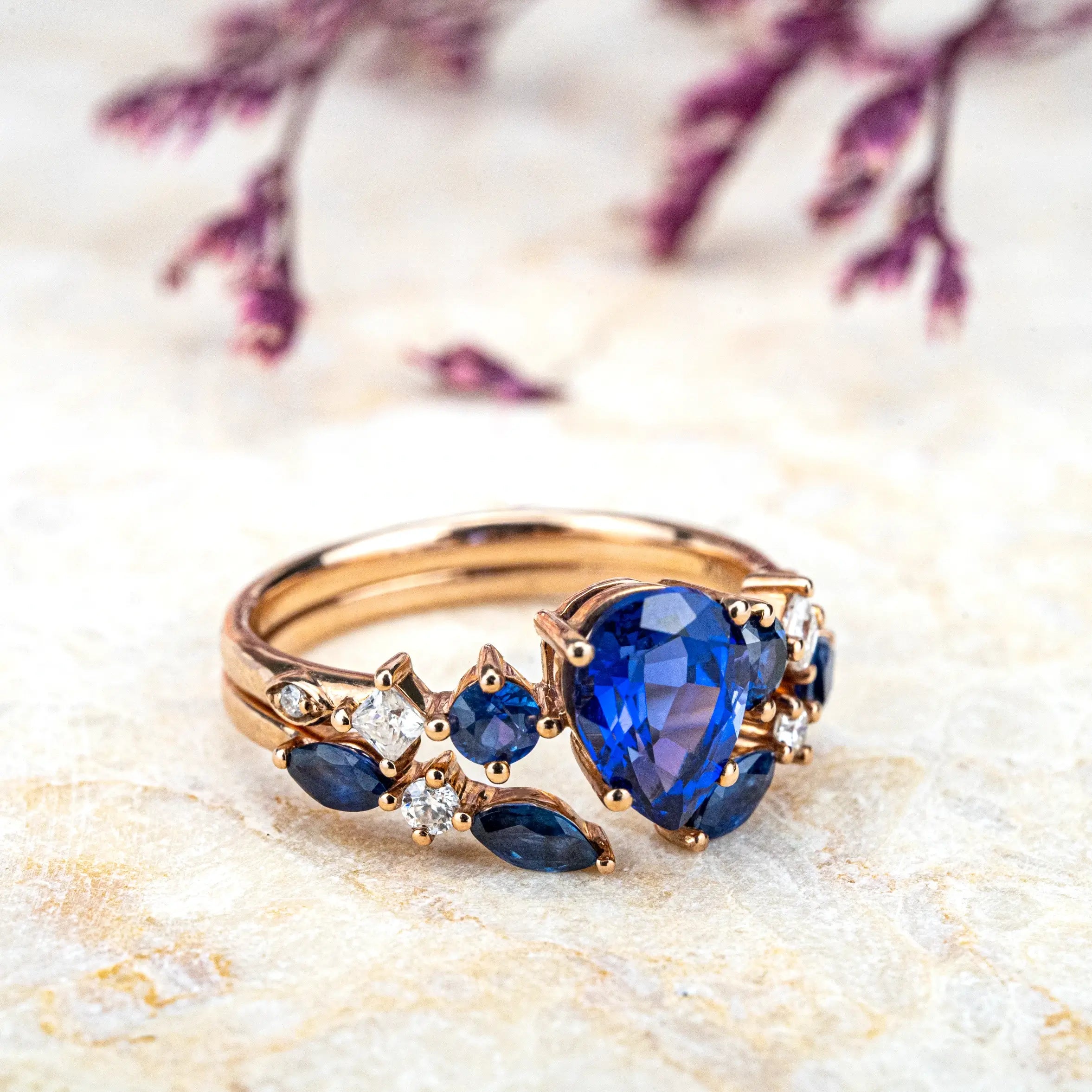 Elegant Pear-Shaped Sapphire Engagement Ring Set Handcrafted Custom Design Rose Gold Band Luxurious and Timeless Jewelry Promise Ring Gift for her