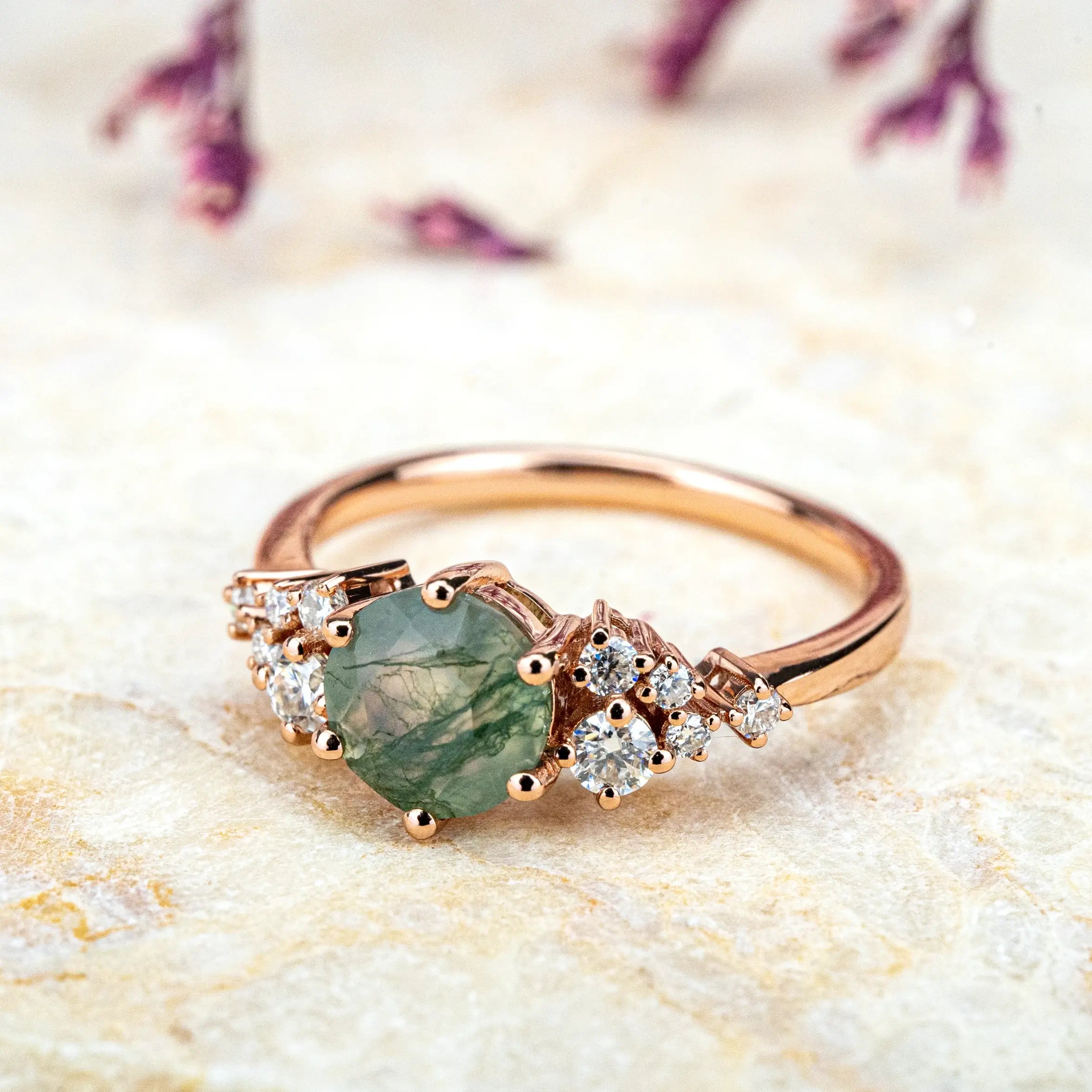 AURUMLUMINOS BRAND Best custom gemstone gold ring Round Cut Moss Agate Ring Moissanite Accents Cluster Engagement Ring for ladies
