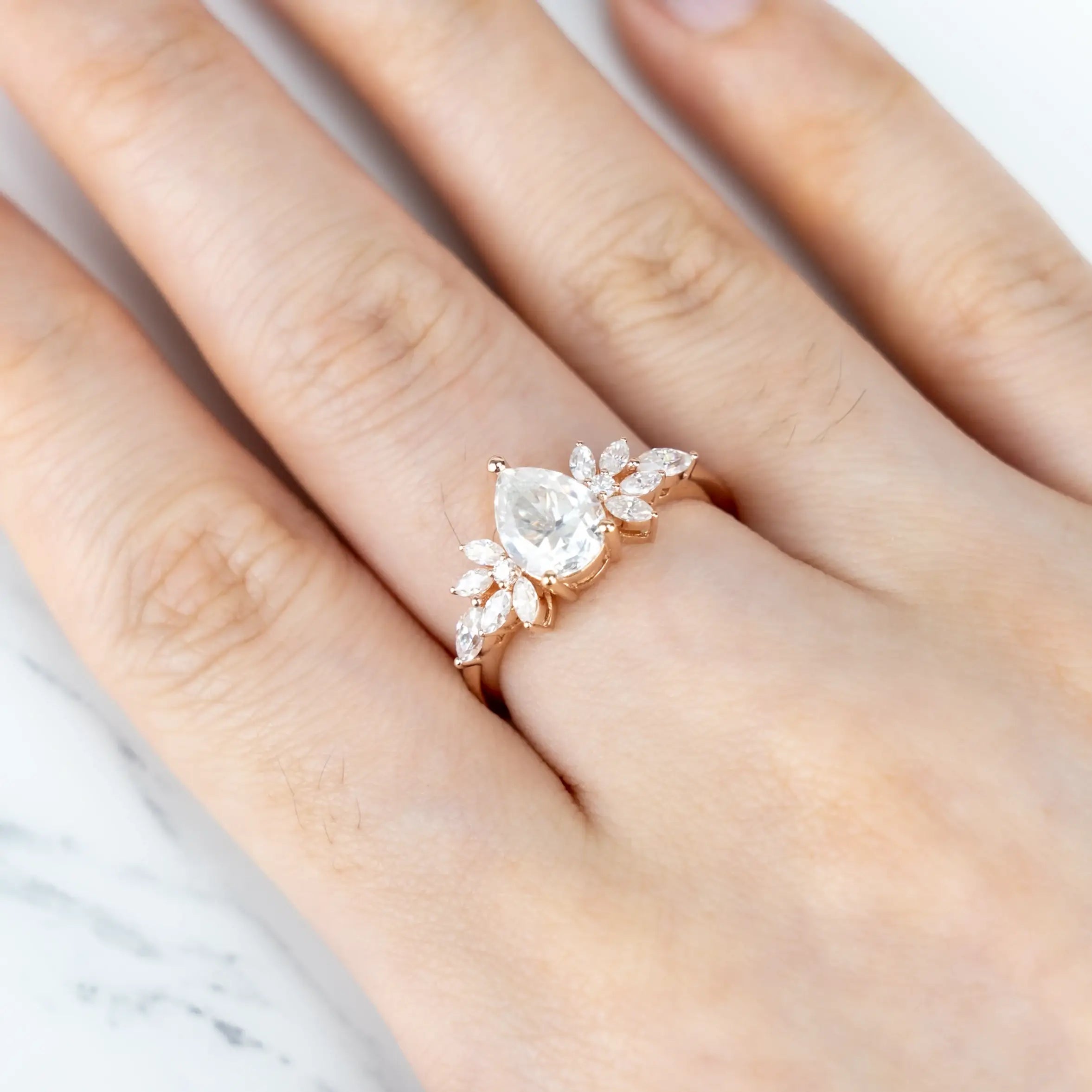 Elegant Pear Moissanite Ring 14k Gold Handcrafted Beauty with Petal-Like Accents Symbolizing Timeless Bridal Elegance & Love Promise Ring petal ring wedding band engagement ring gift