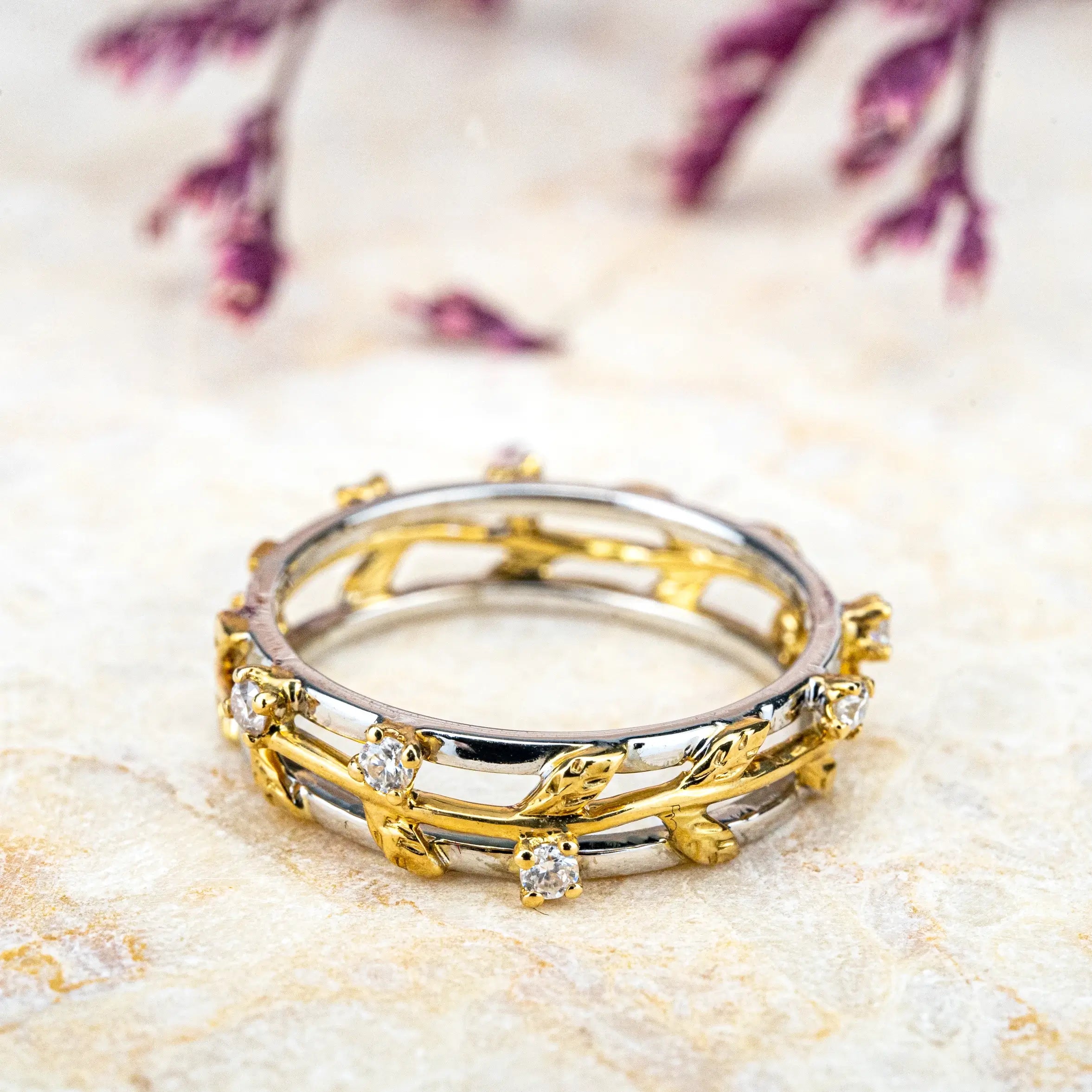 18k Gold Leaf Band Wedding Rings White and Yellow Gold Ring